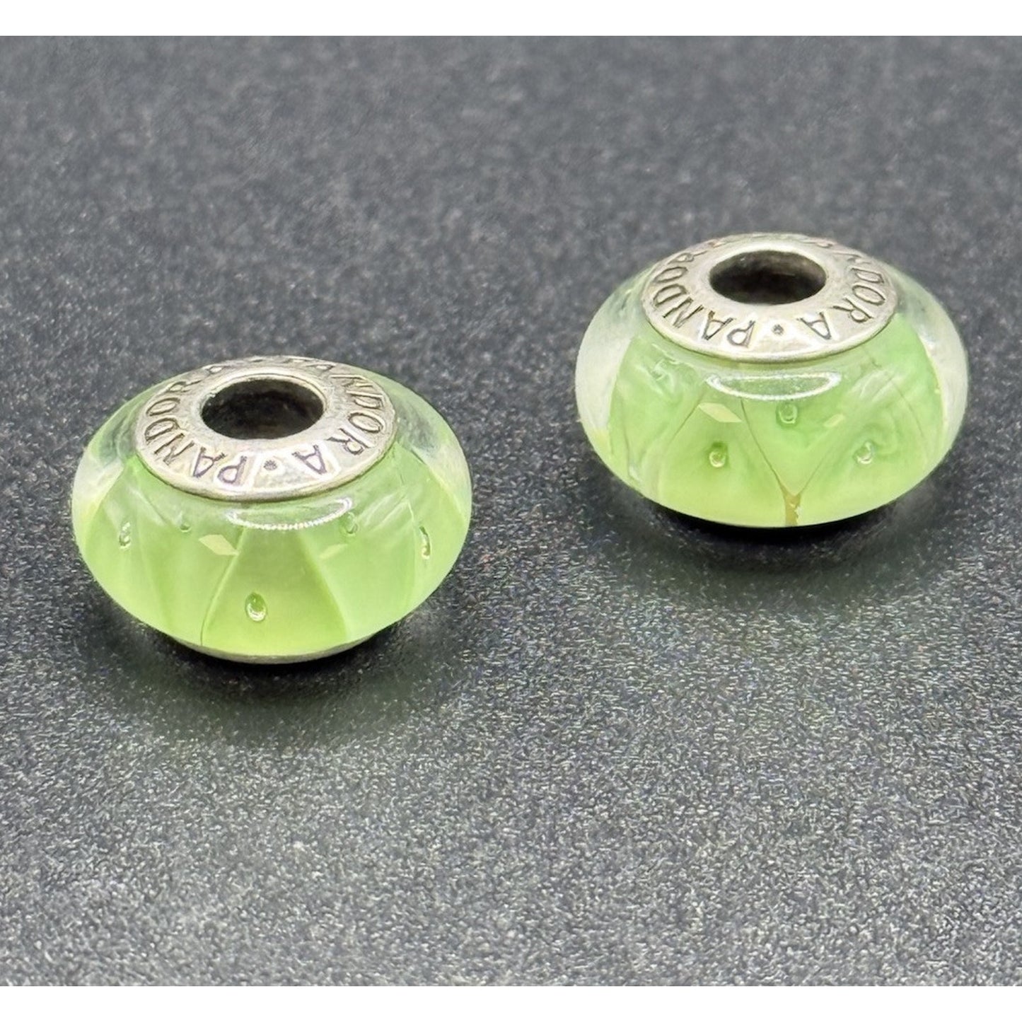 (2) Pandora Sterling Silver Green Murano Charm Lot ALE 925 P10