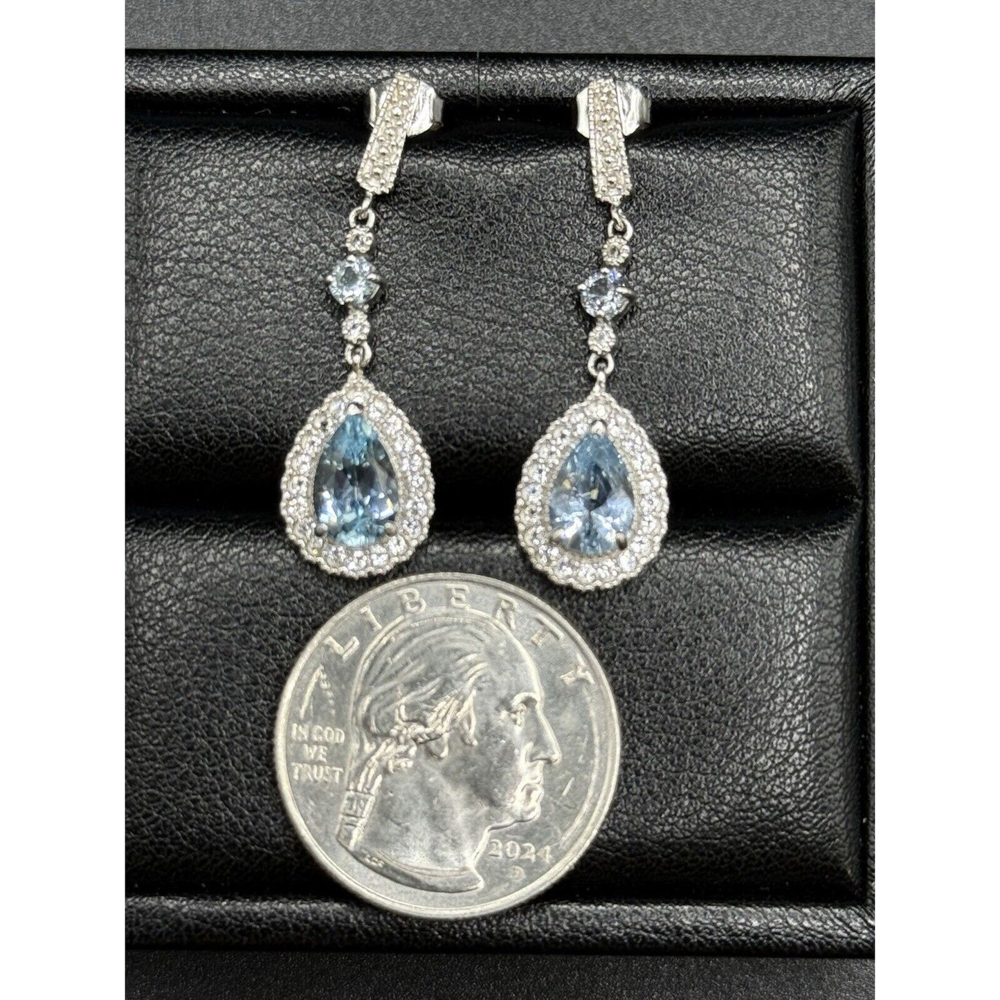 New Condition Sterling Silver Genuine Blue Topaz White Sapphire Dangle Earrings