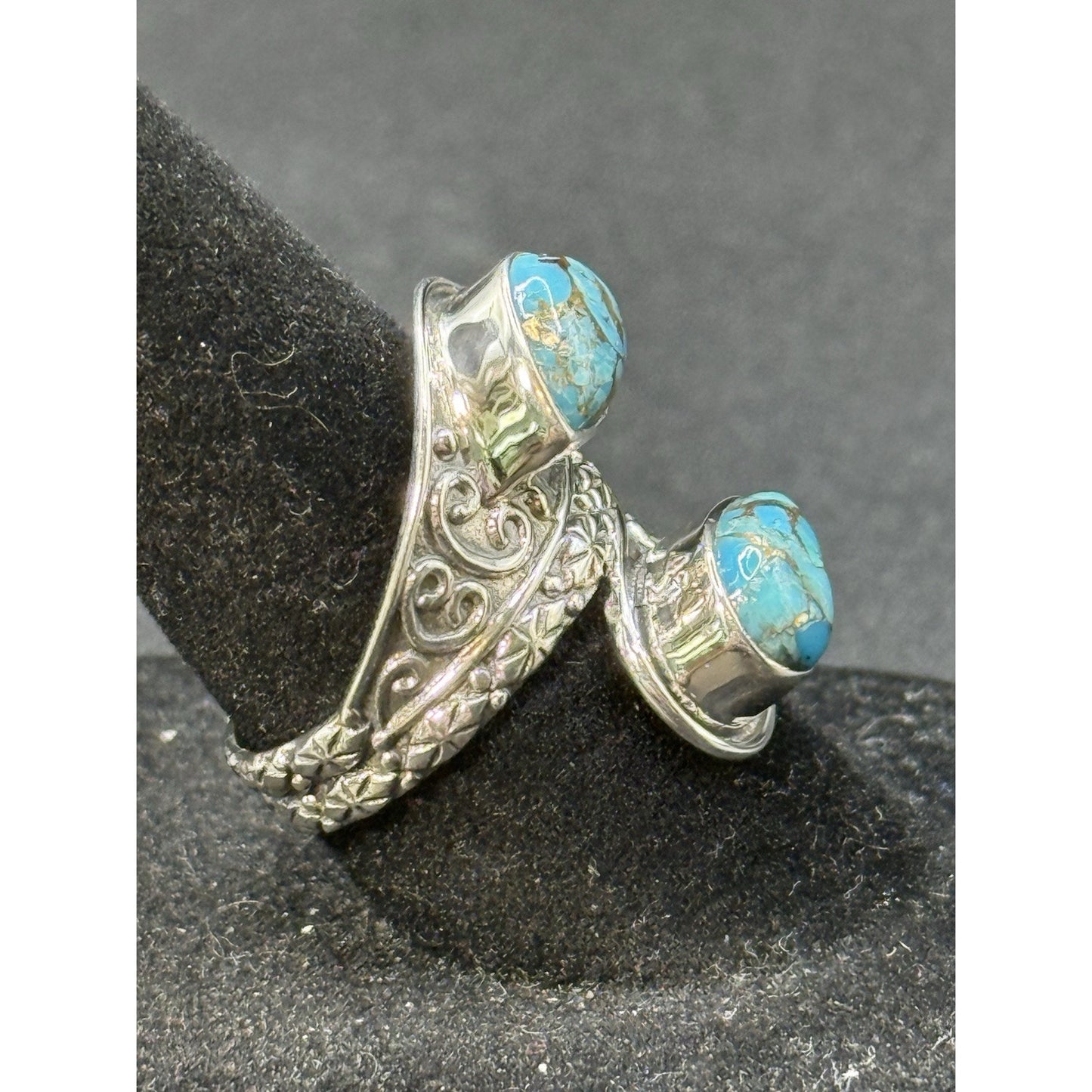 New Condition Sterling Silver Bypass Copper Turquoise Ring Size 7.00