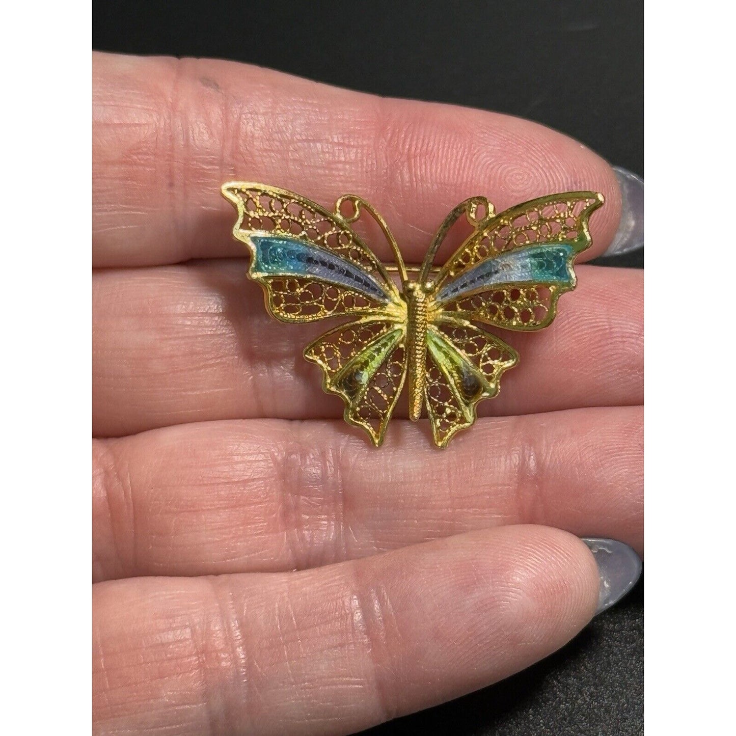 Vintage 800 Gold Silver Enamel Butterfly Brooch Pin M24