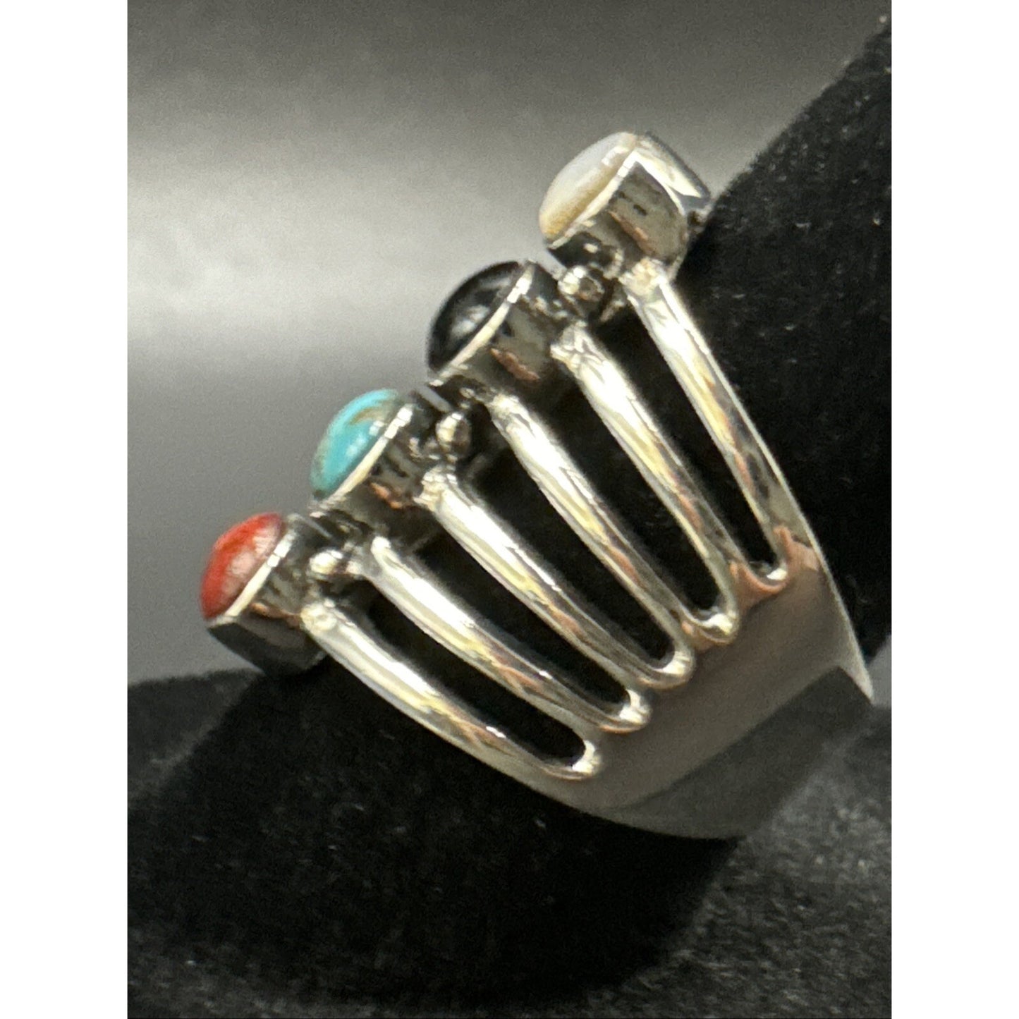 New Condition Sterling Silver Multi Gemstone Row Oblong Ring 925 Size 7.00