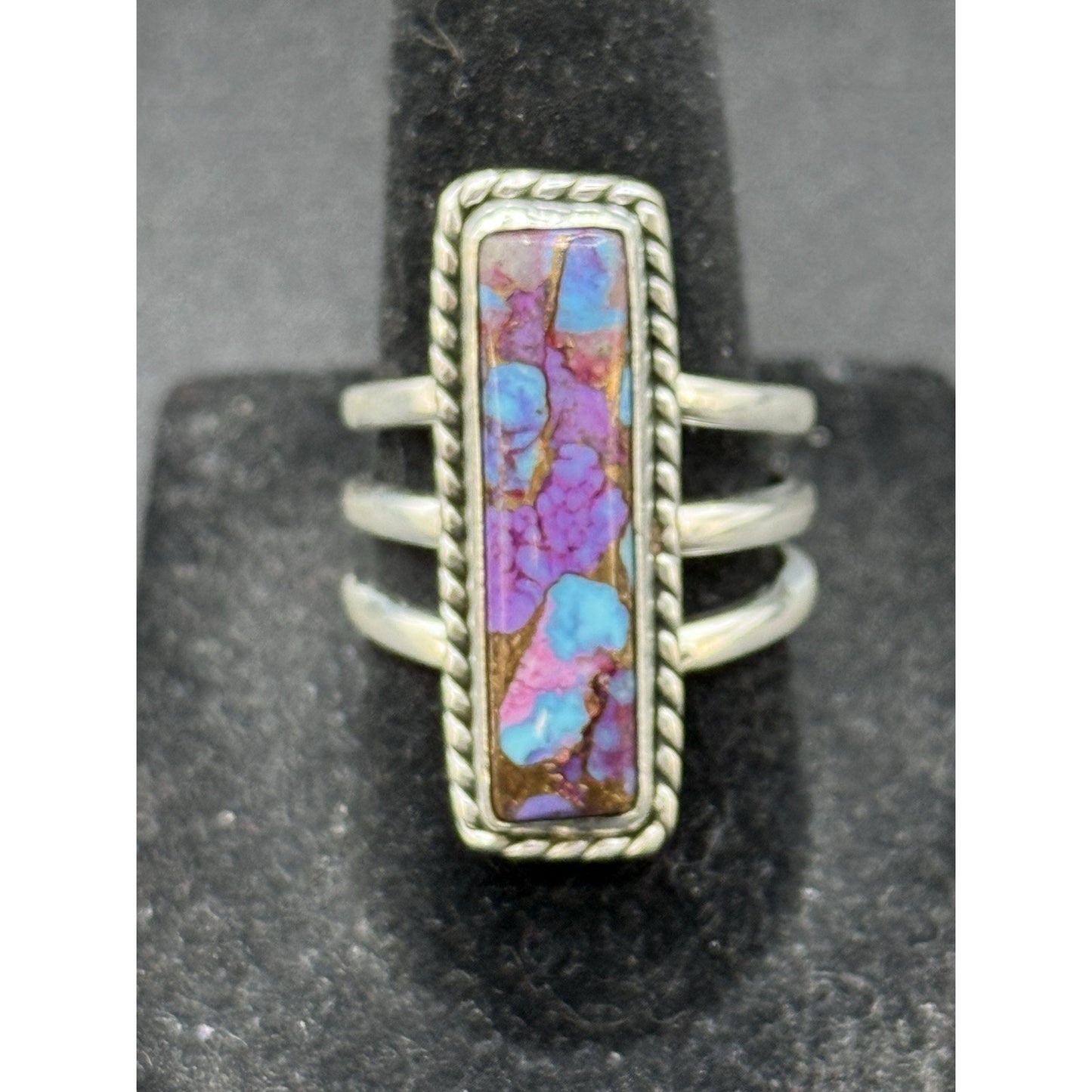 New Condition Sterling Silver Copper Purple Turquoise Oblong Ring Size 7.00