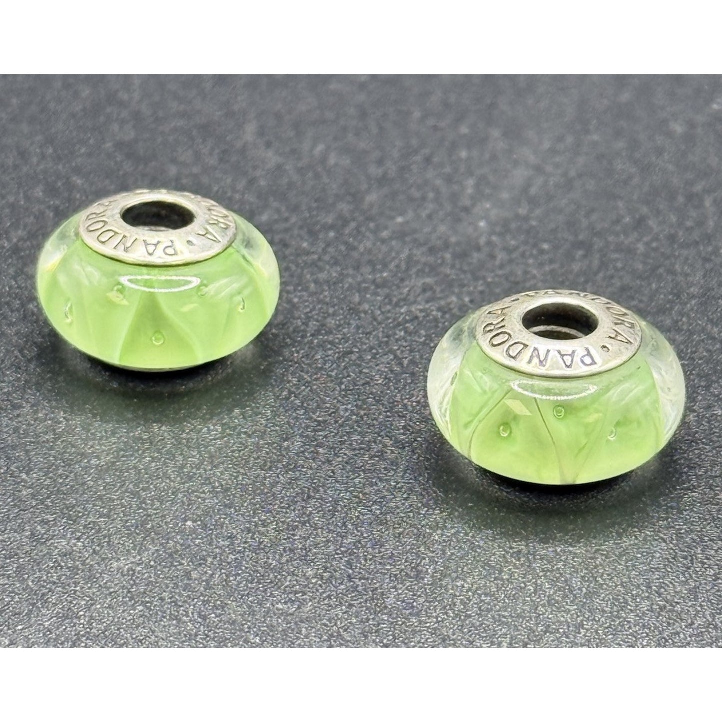 (2) Pandora Sterling Silver Green Murano Charm Lot ALE 925 P10