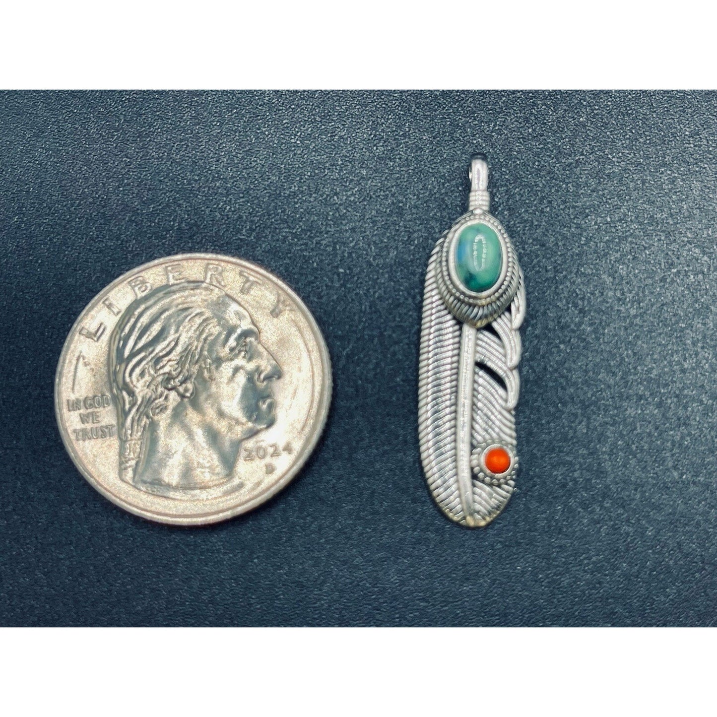 New Condition Sterling Silver Coral Turquoise Feather Pendant 925