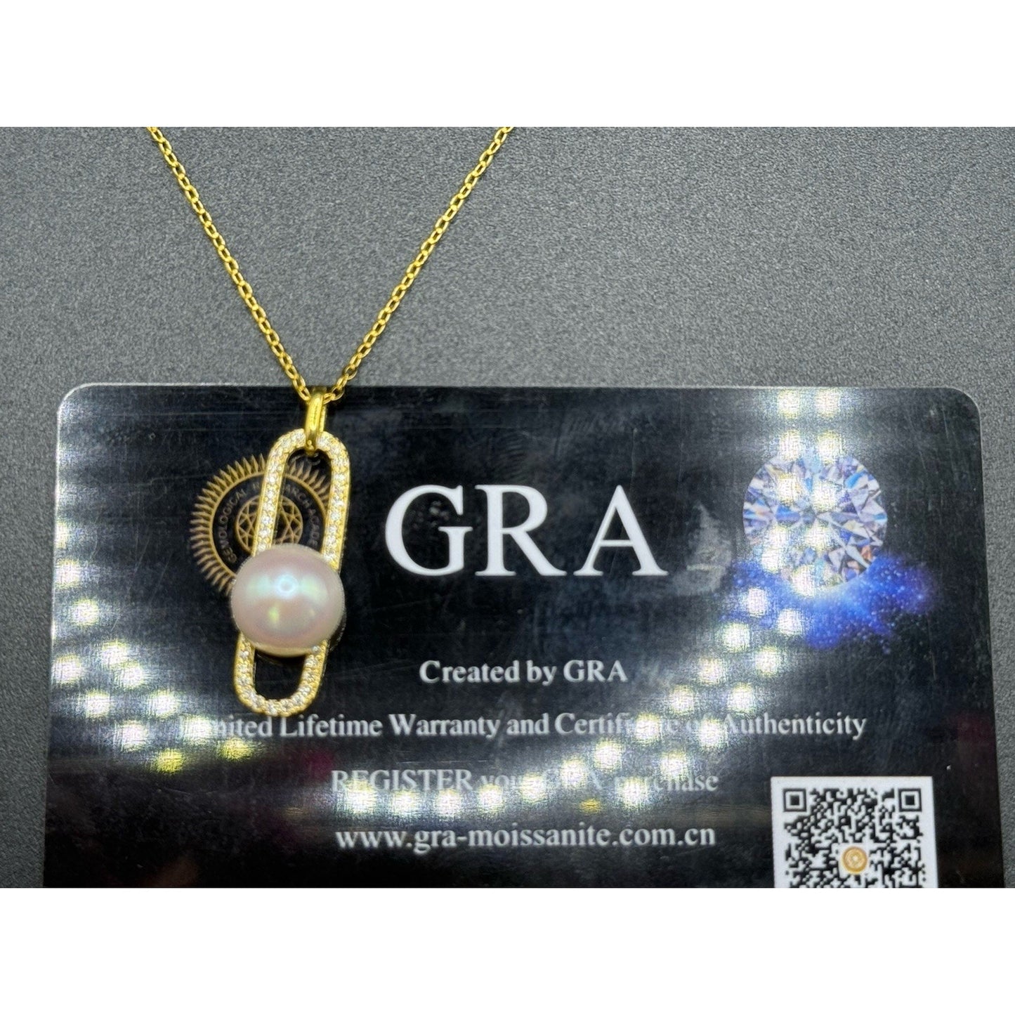 18” New Condition Gold S.S. Genuine Pearl Moissanite Modernist Pendant GRA
