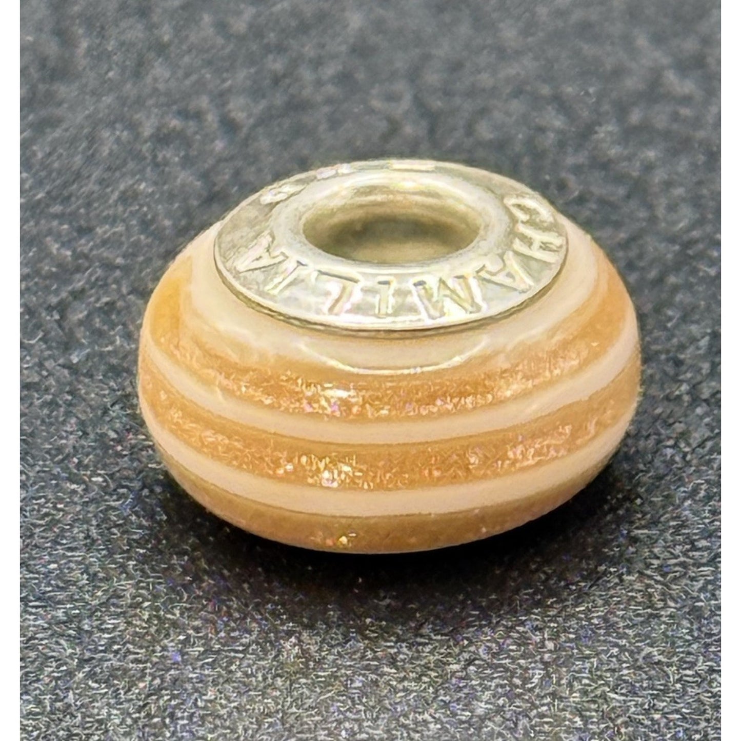 Camilia Sterling Silver Peach & White Shimmer Stripe Murano Charm P19