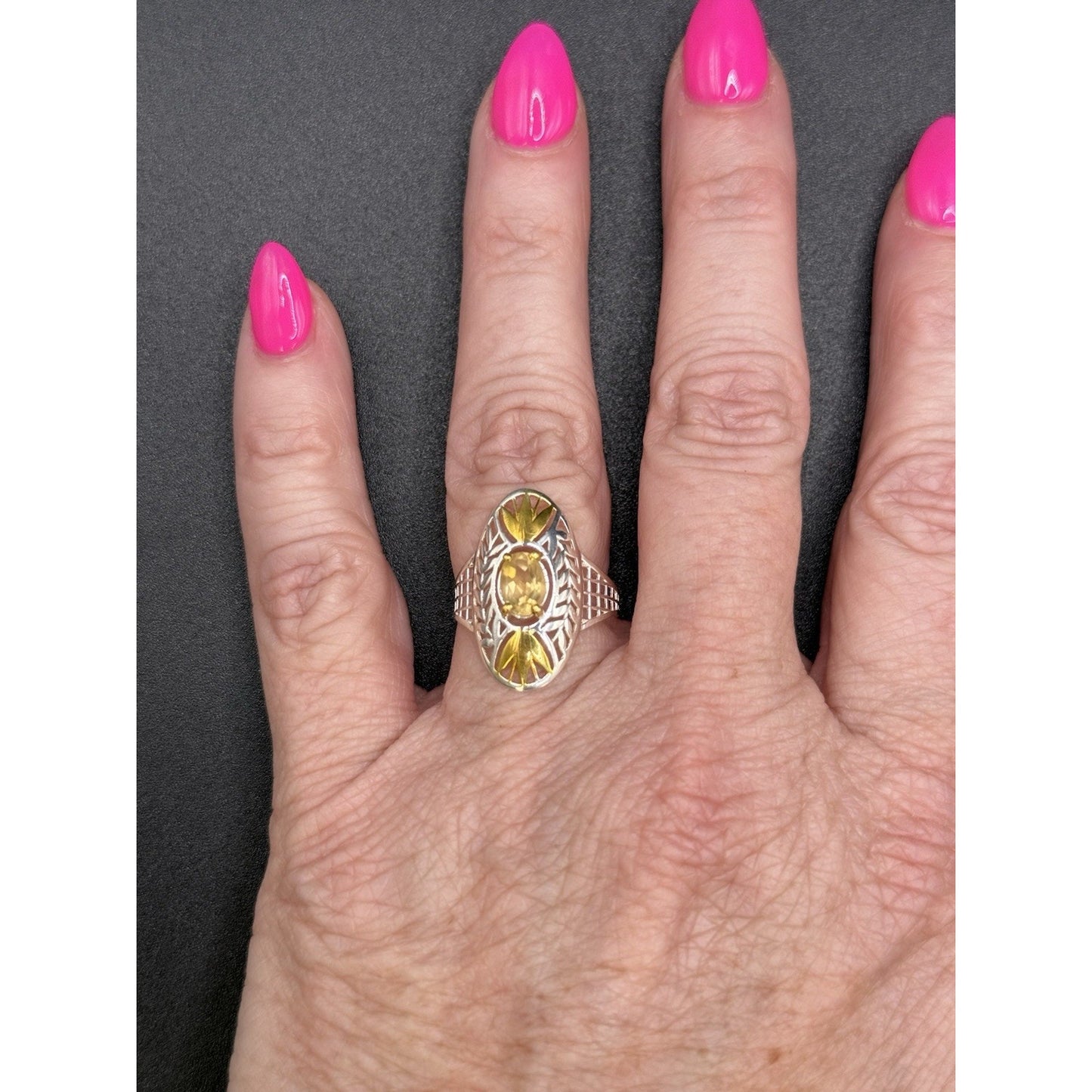 New Condition Sterling Silver Two Tone Genuine Citrine Ring Size 8.00