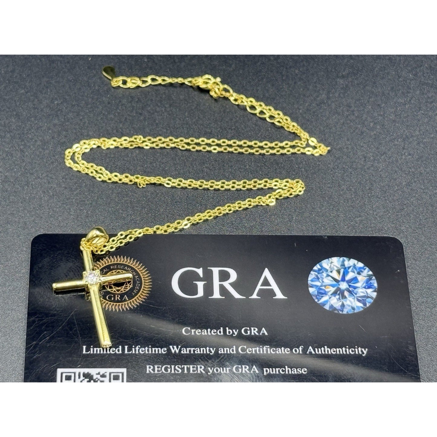 18” New Condition Gold Sterling Silver Moissanite Cross Pendant Necklace GRA