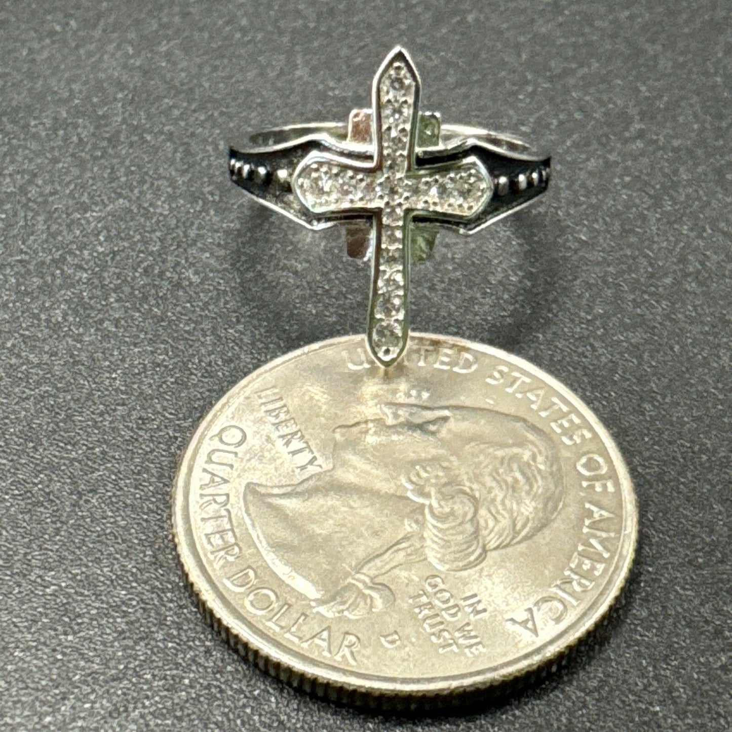 New Condition Sterling Silver CZ Medieval Cross Ring 925 Size 7
