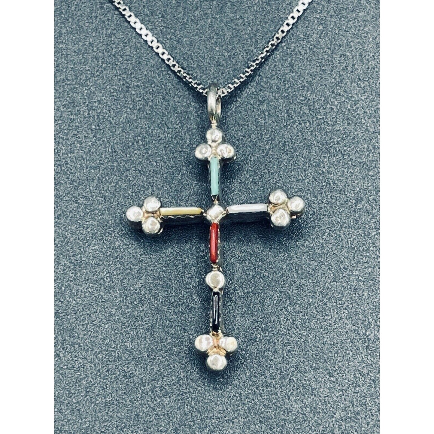 24” Vintage Multi sterling silver Gemstone Cross Pendant Necklace K12