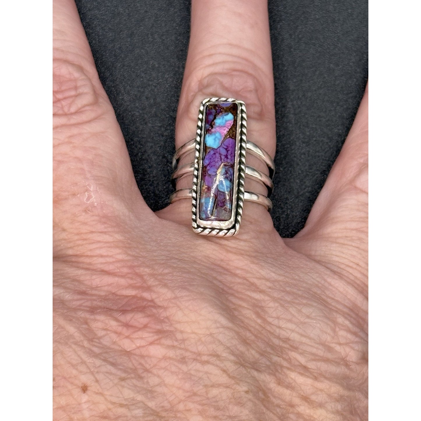 New Condition Sterling Silver Copper Purple Turquoise Oblong Ring Size 7.00