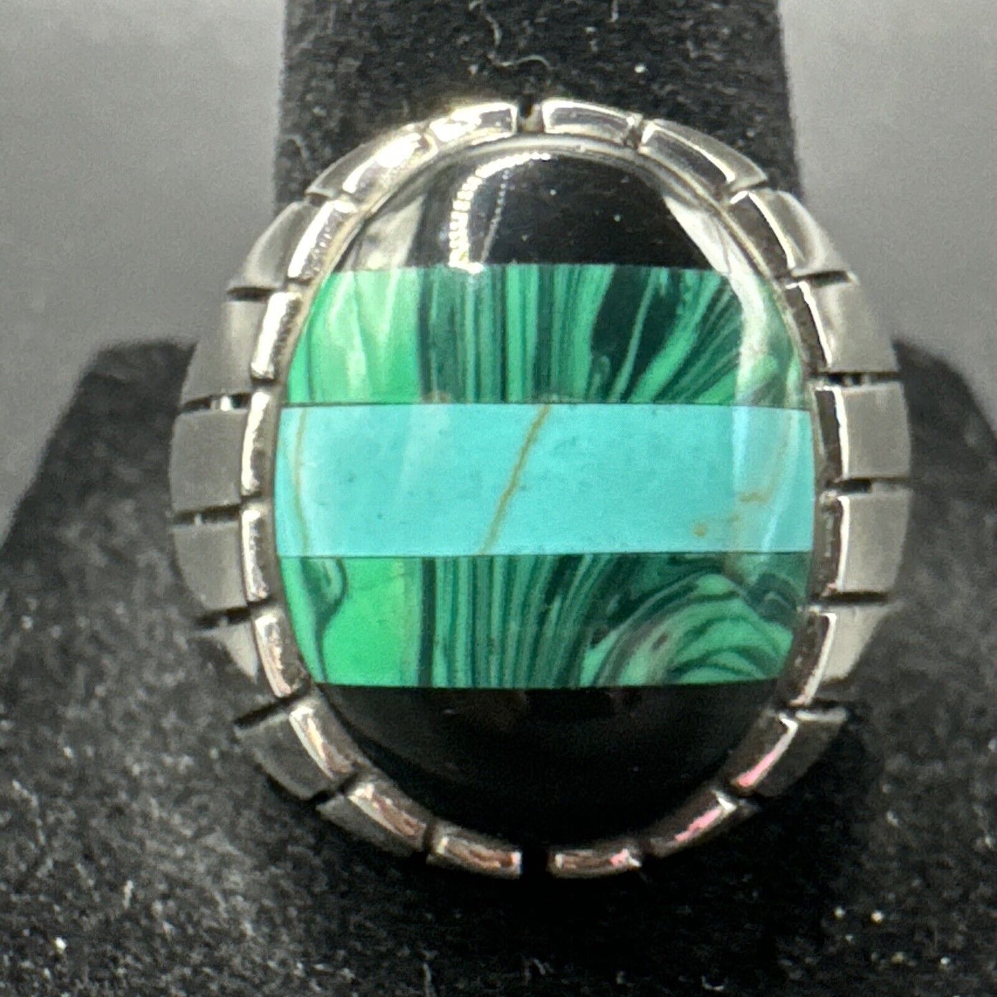 New Condition Sterling Silver Malachite Onyx Turquoise Ring 925 Size 10