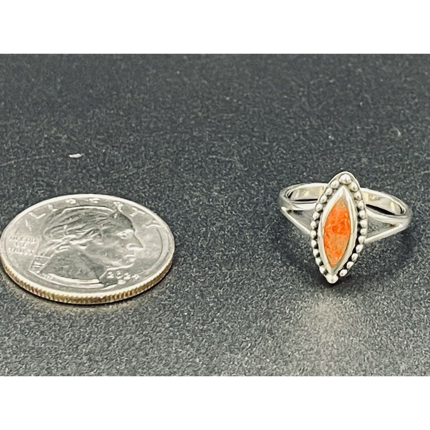 New Condition Sterling Silver Coral Dainty Ring Size 7.00