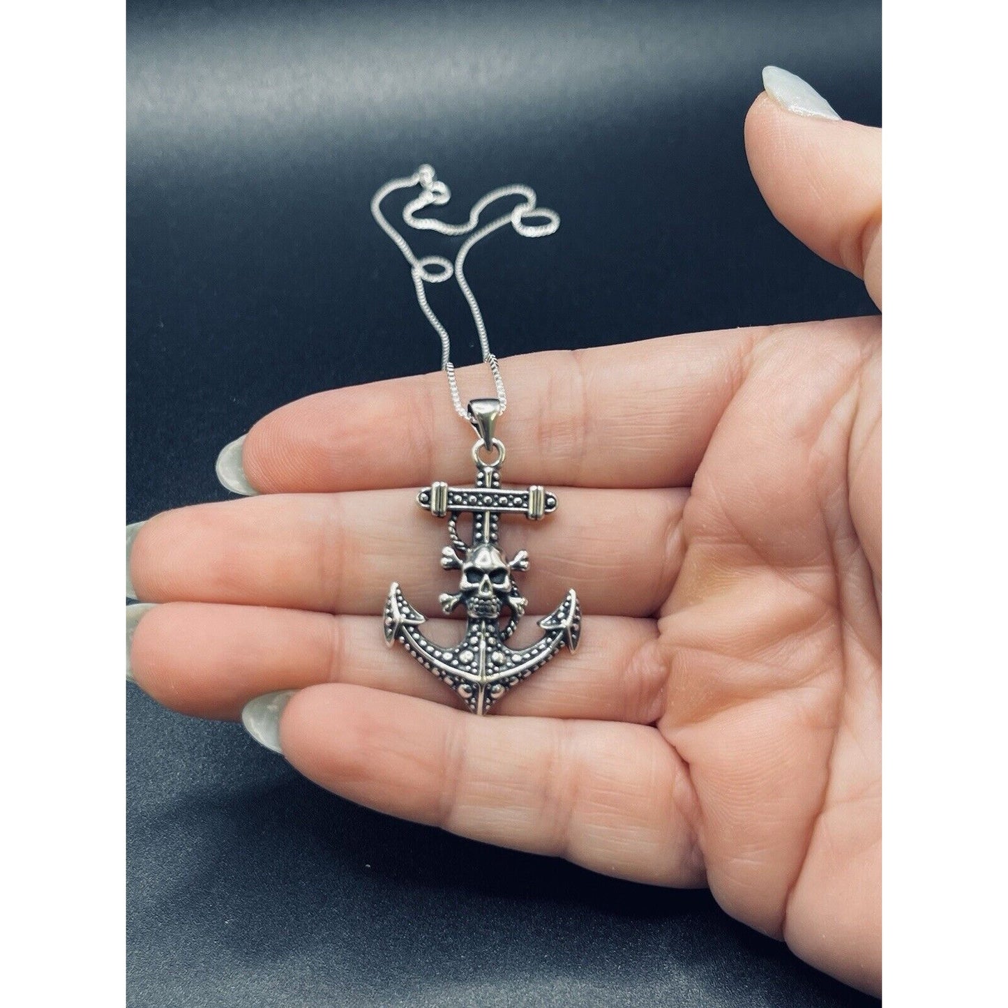 20” New Condition Sterling Silver Skull Anchor Necklace Box 925