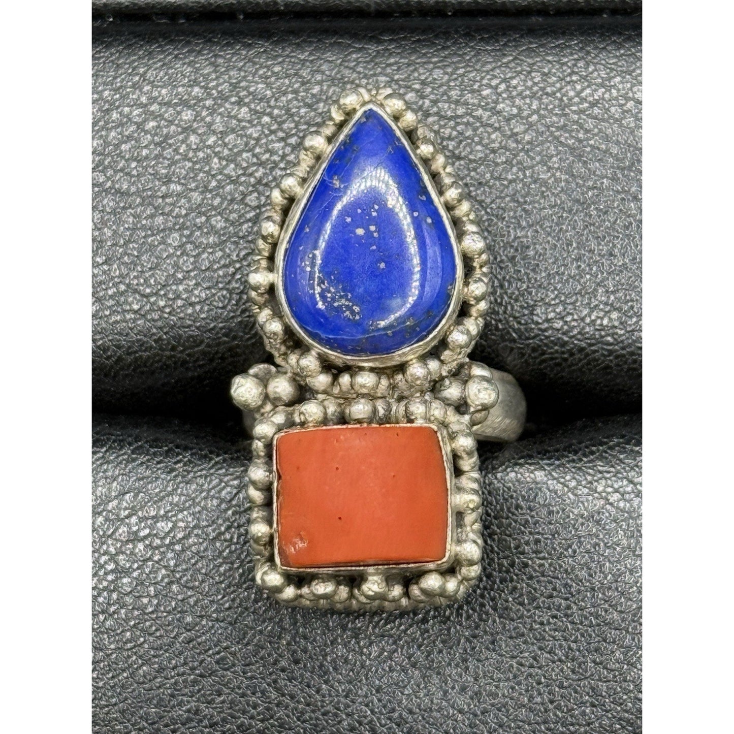 Vintage Sterling Silver Genuine Coral Lapis Ring Size 6.50 15 Grams Q7