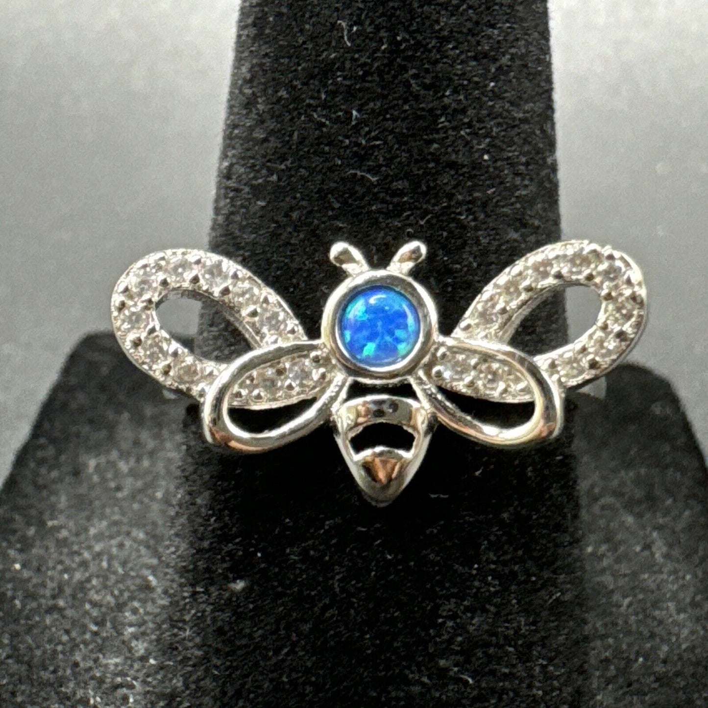 New Condition Sterling Silver Lab Blue Opal CZ Bee Ring 925 Size 7