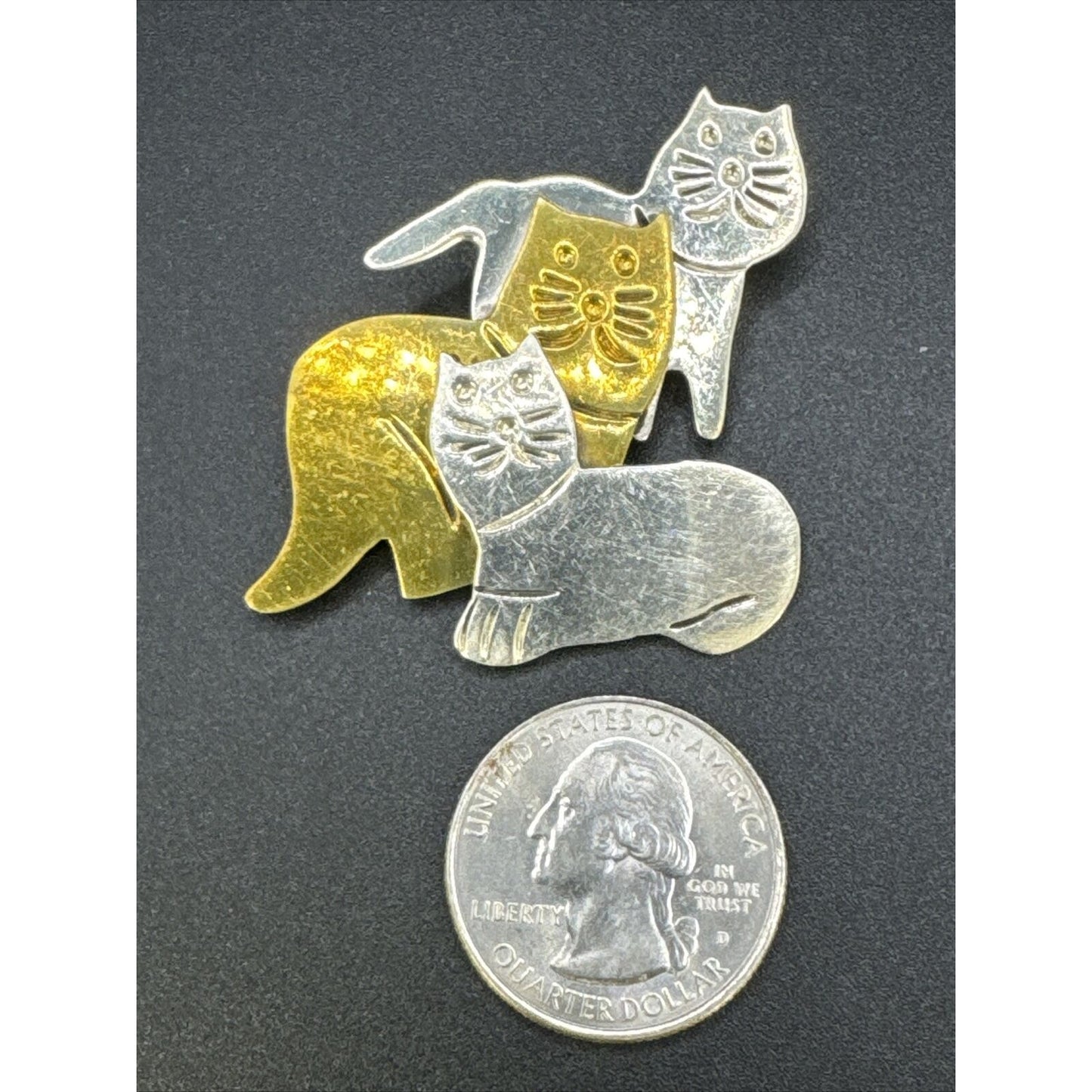 Three Cats Sterling Silver Brass Brooch Pin 13 Grams K29