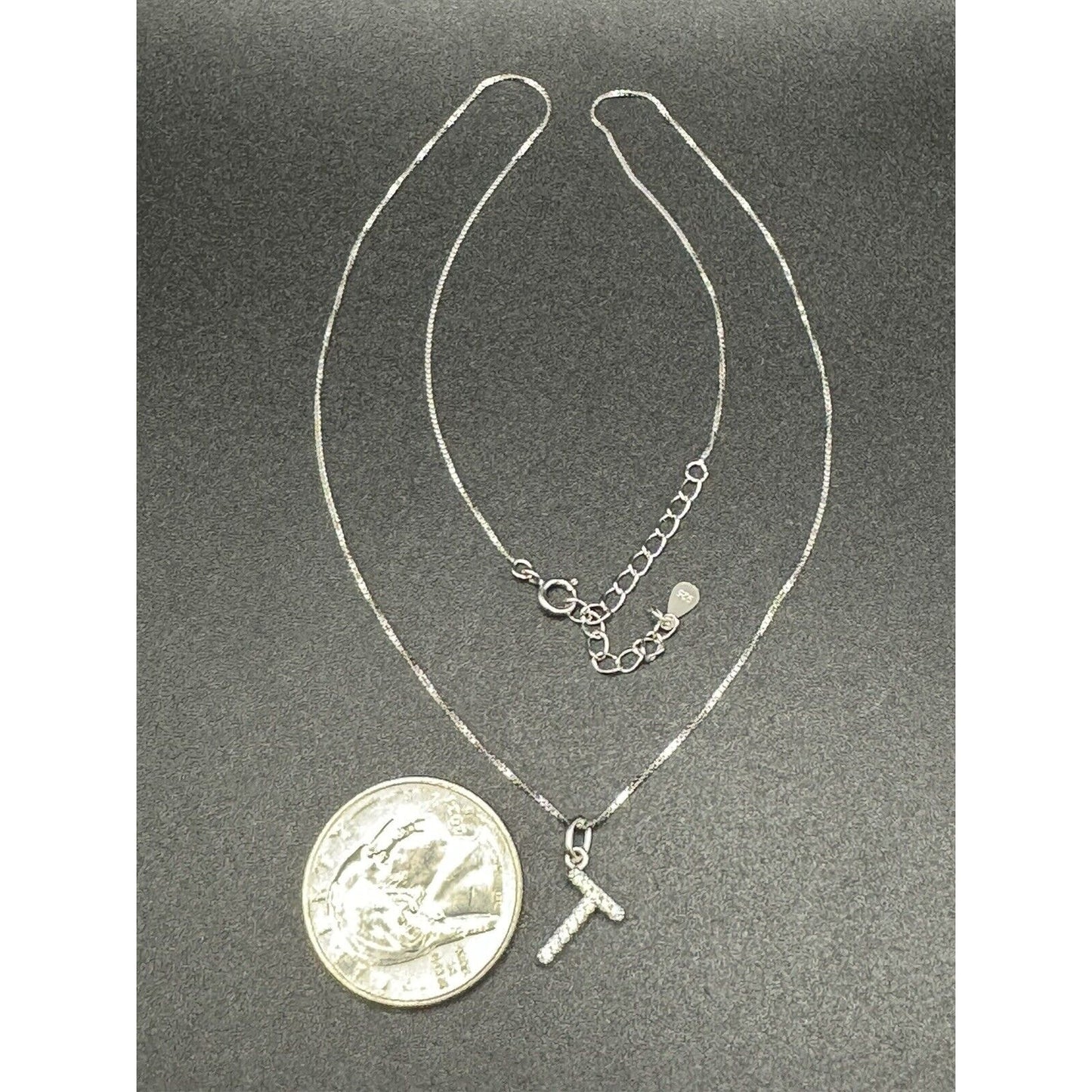 New Condition Sterling Silver Cubic Zirconia Letter “T” Pendant Necklace 925