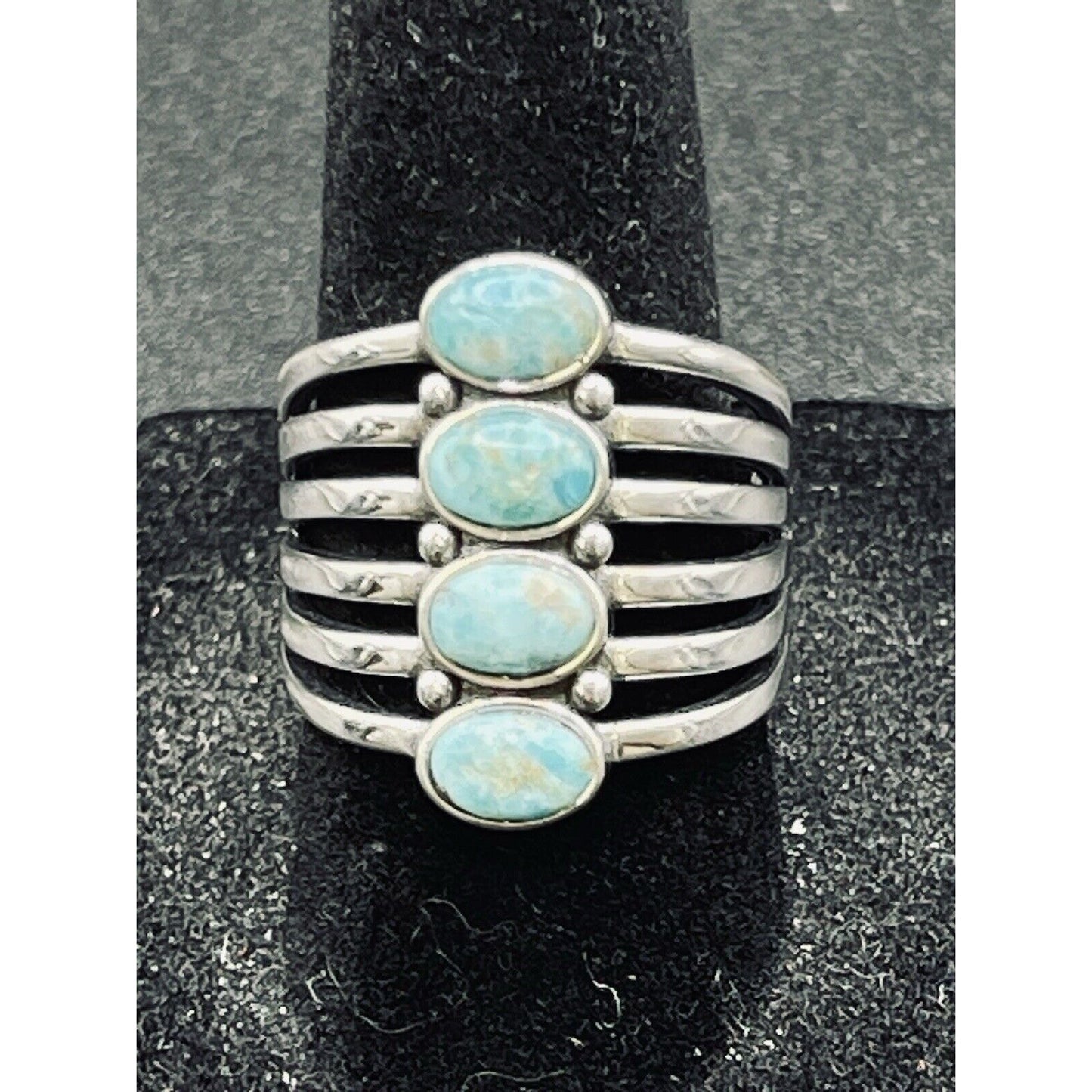 New Condition Sterling Silver 4 Vertical Turquoise Ring Size 6.75