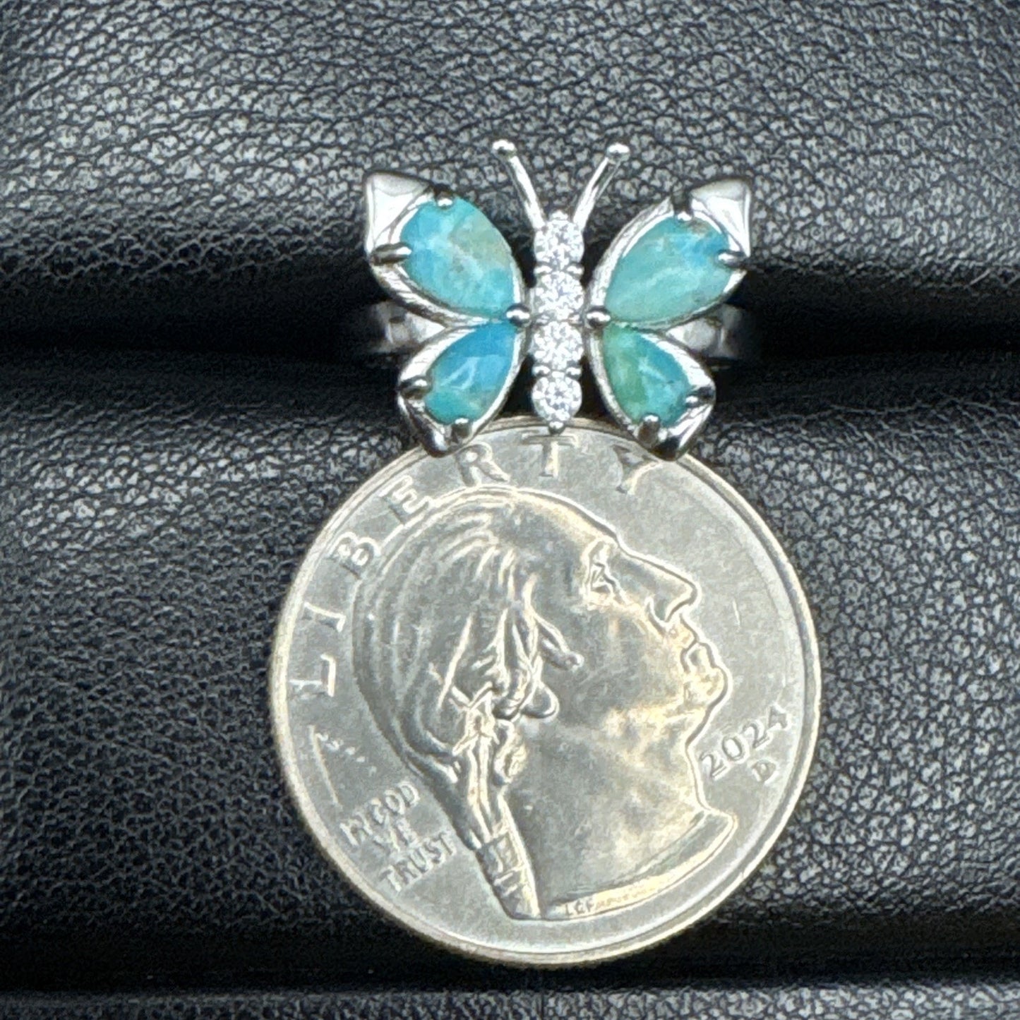 New Condition Sterling Silver Turquoise Butterfly Cz Ring Size 7