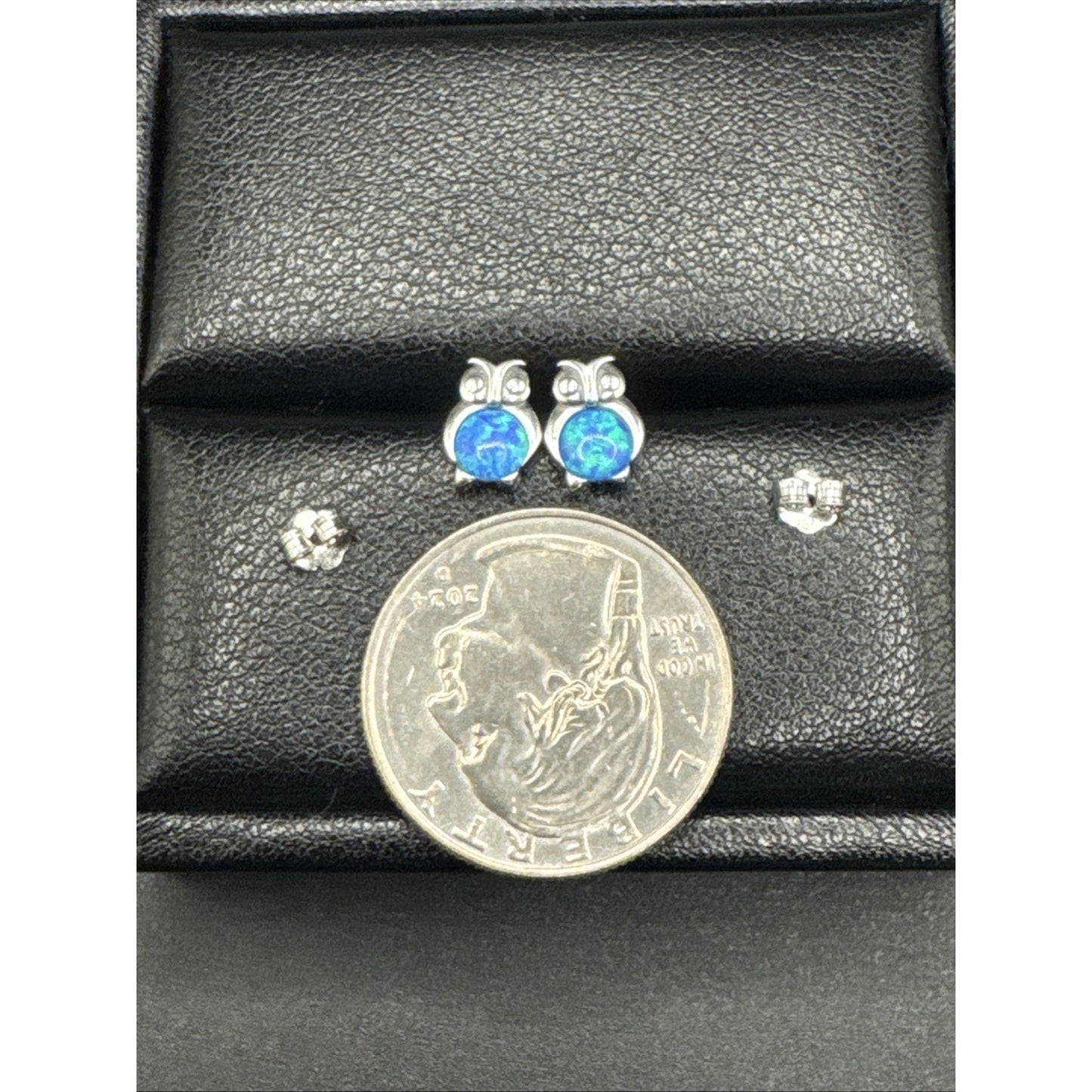 New Condition Sterling Silver Lab Blue Opal Owl Drop Stud Earrings 925