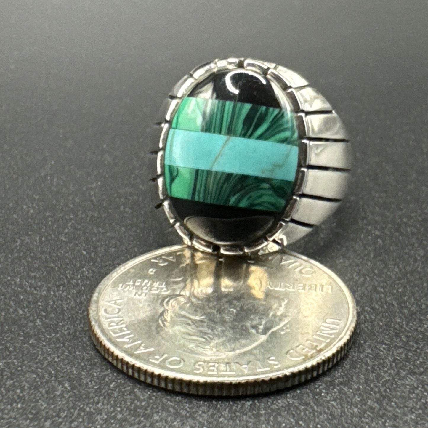 New Condition Sterling Silver Malachite Onyx Turquoise Ring 925 Size 10