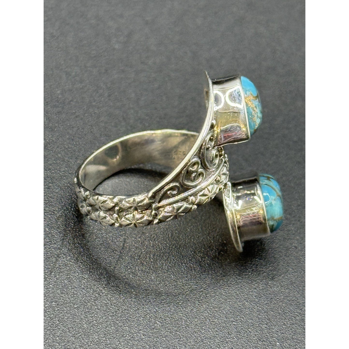 New Condition Sterling Silver Bypass Copper Turquoise Ring Size 7.00