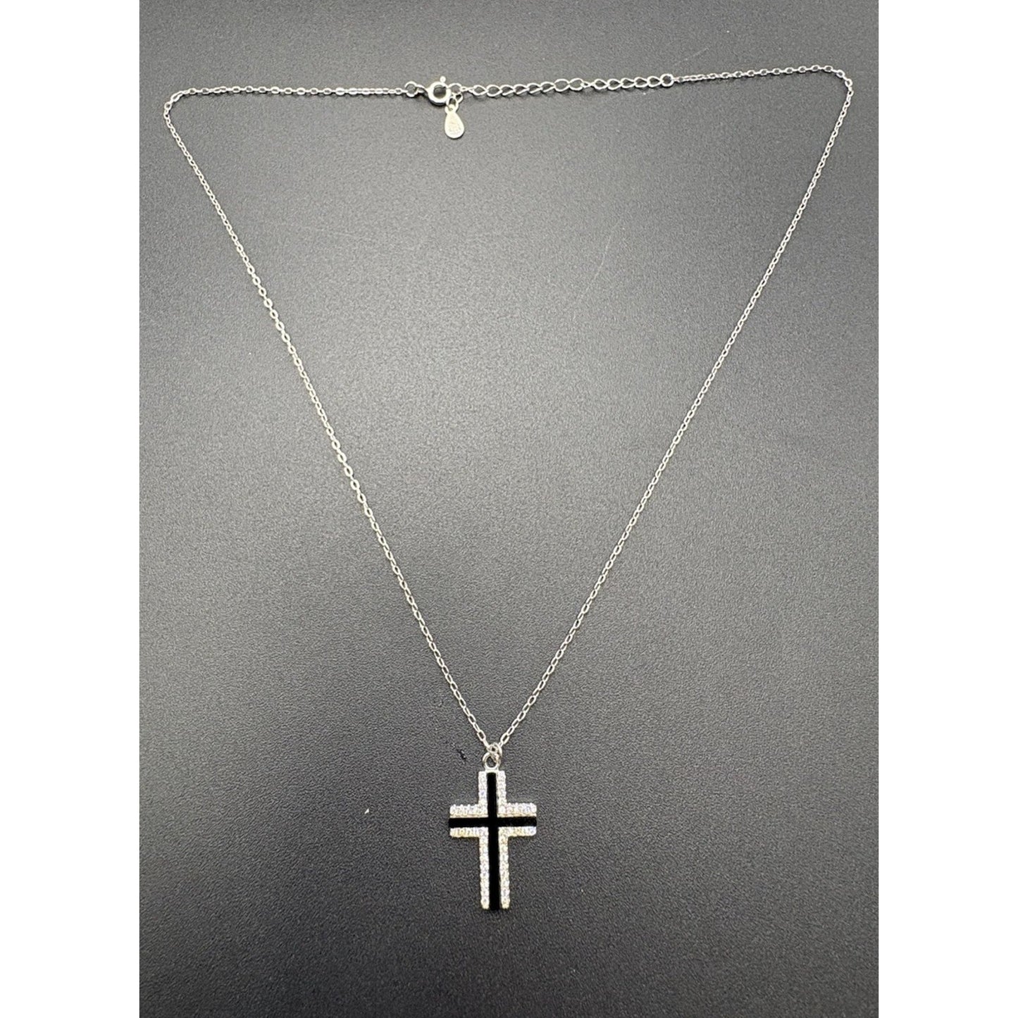 New Condition 18" Onyx Cubic Zirconia Cross Pendant Necklace