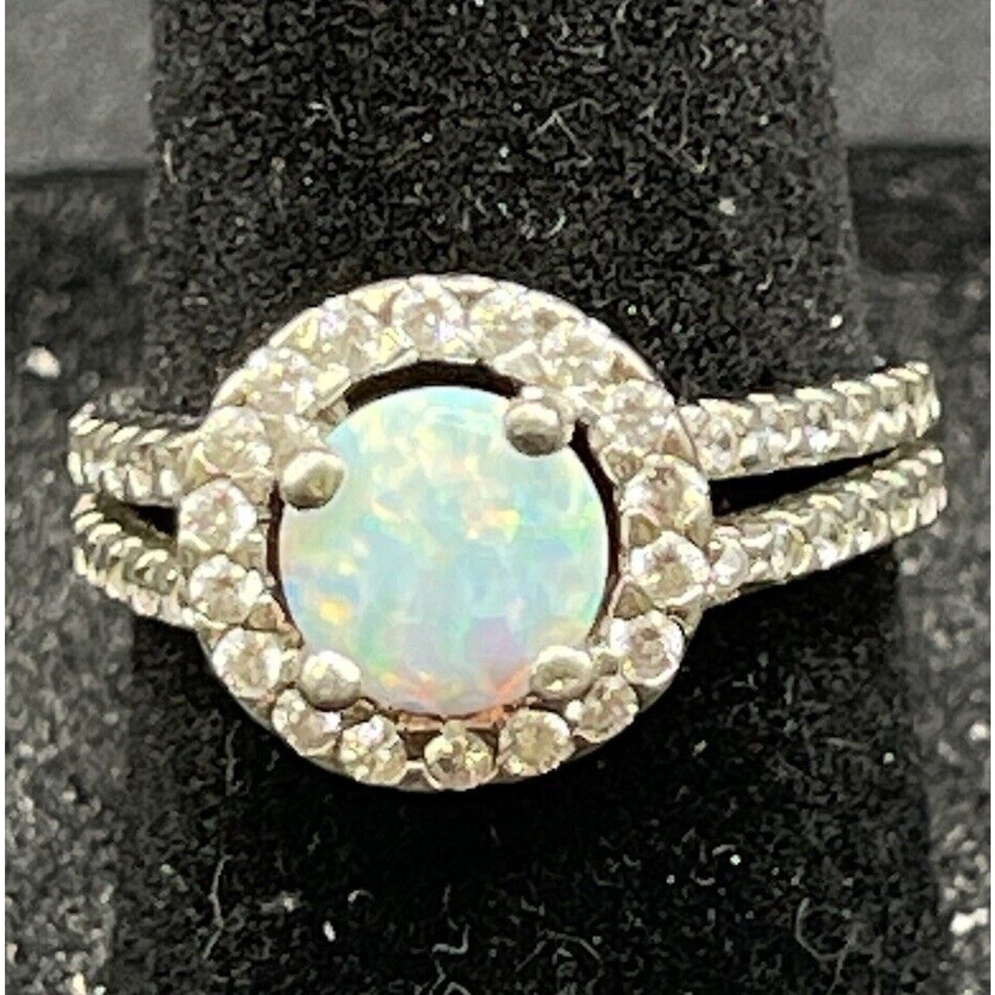 Sterling Silver Lab White Opal White Sapphire Ring Size 6.25 K25