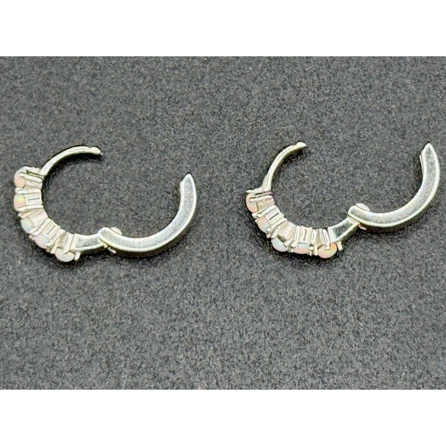 New Condition Dainty Sterling Silver Lab Opal Huggie Earrings 925