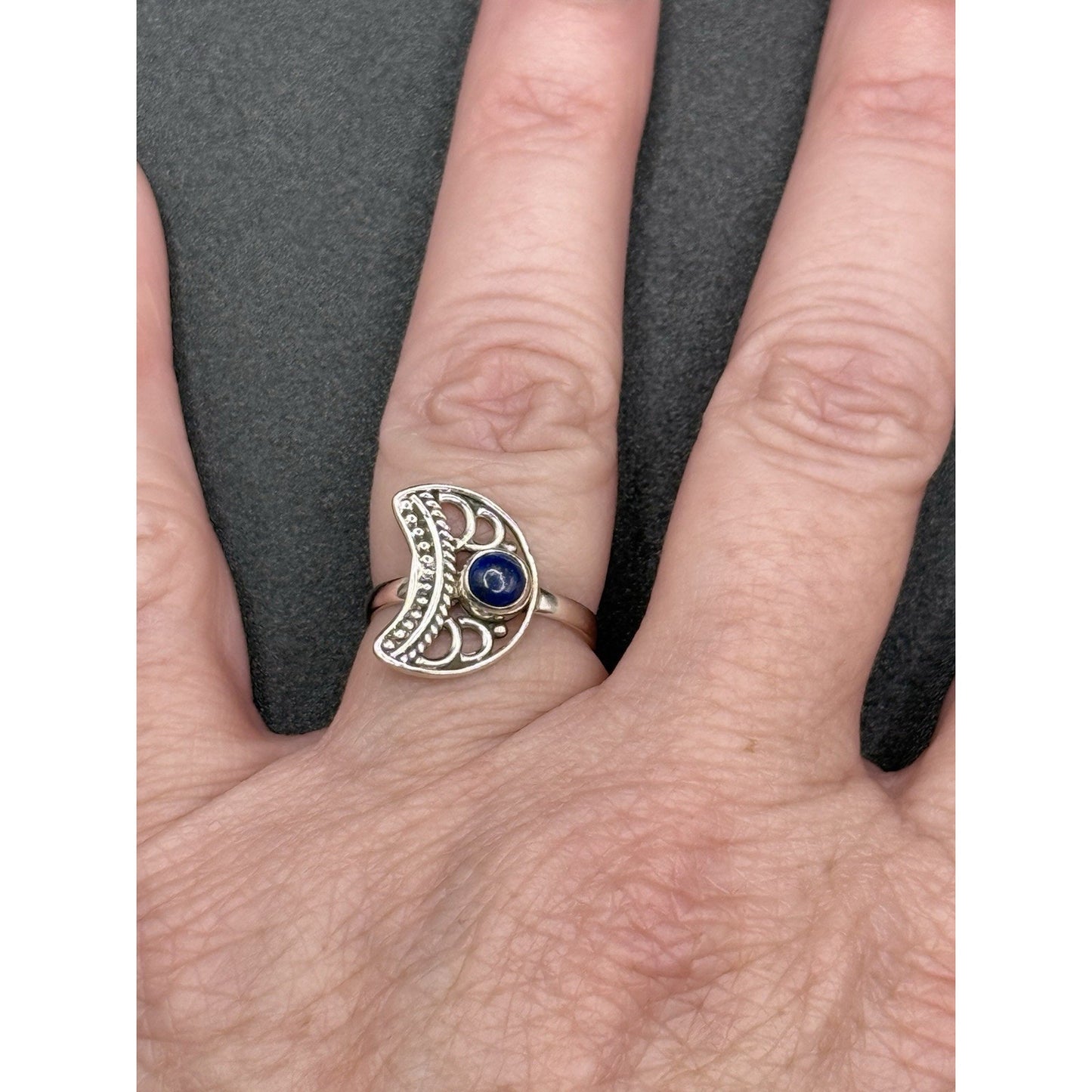 New Condition Sterling Silver Genuine Lapis Moon Ring Size 7.00