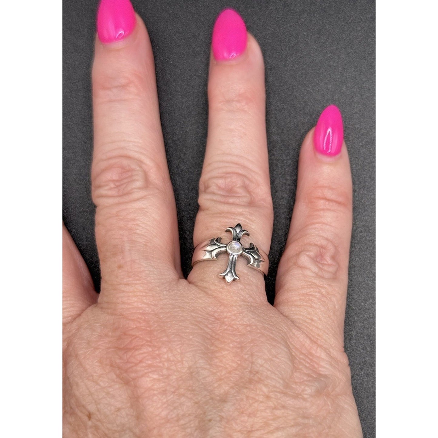 New Condition Sterling Silver Moonstone Cross Ring Size 7.00 925