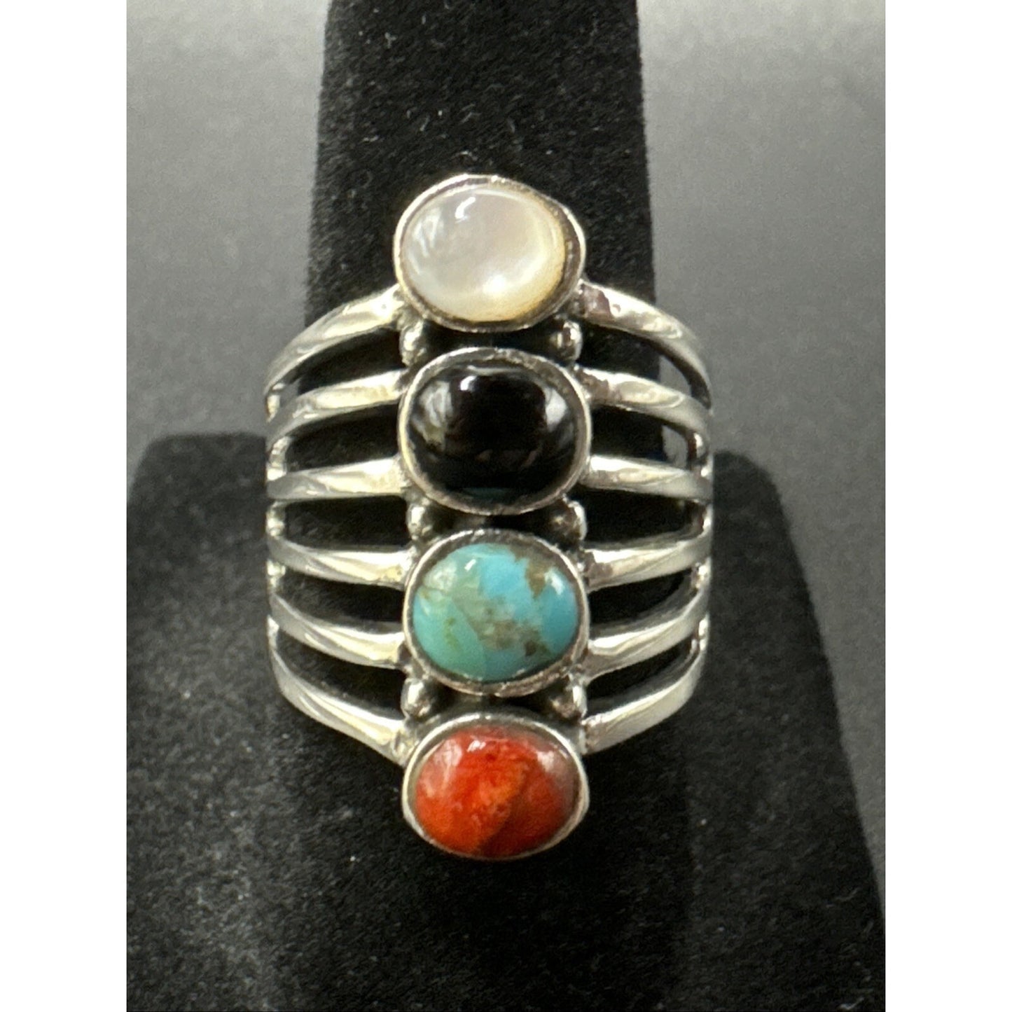 New Condition Sterling Silver Multi Gemstone Row Oblong Ring 925 Size 7.00