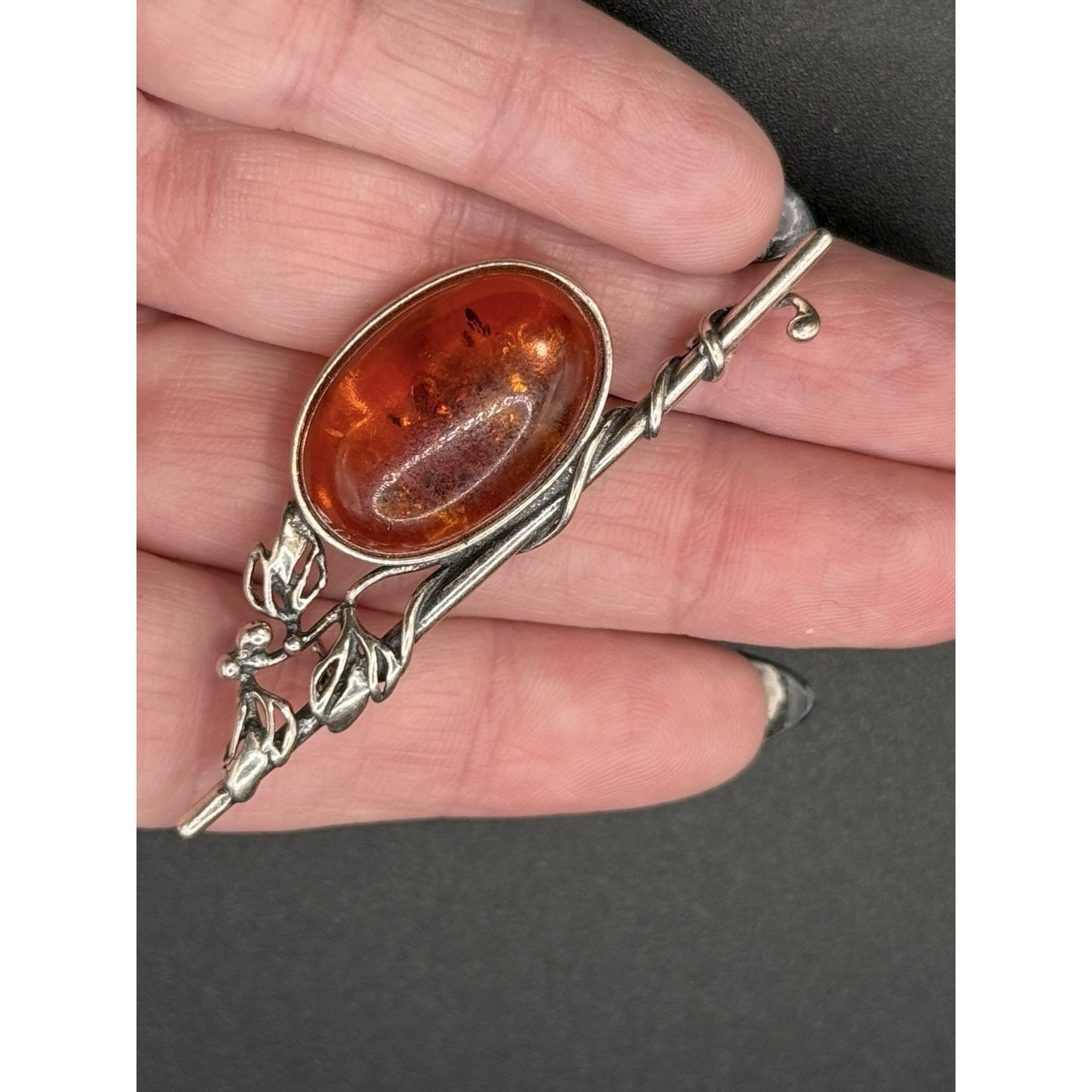 Modernist Sterling Silver Amber Brooch Pin 925 P5