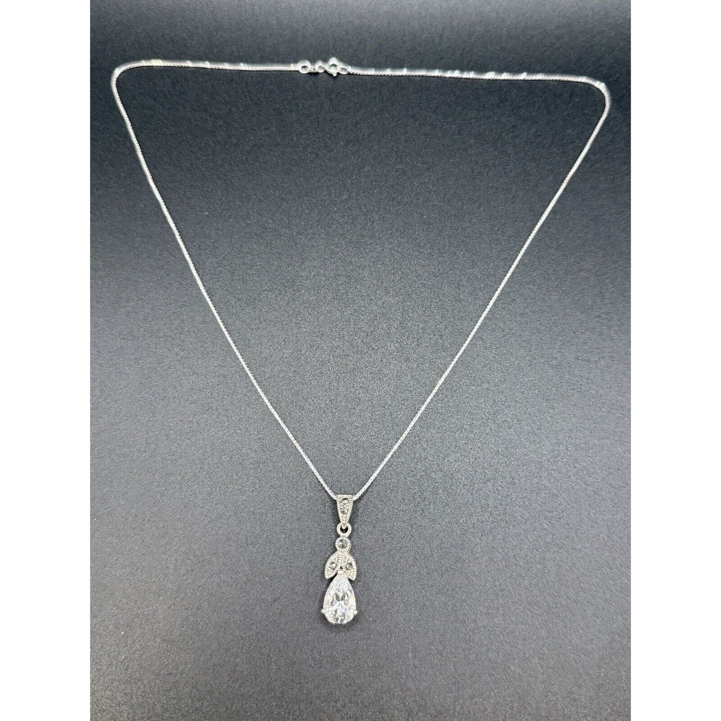 18” Vintage Sterling Silver Cubic Zirconia Marcasite Pendant Necklace 925 M8