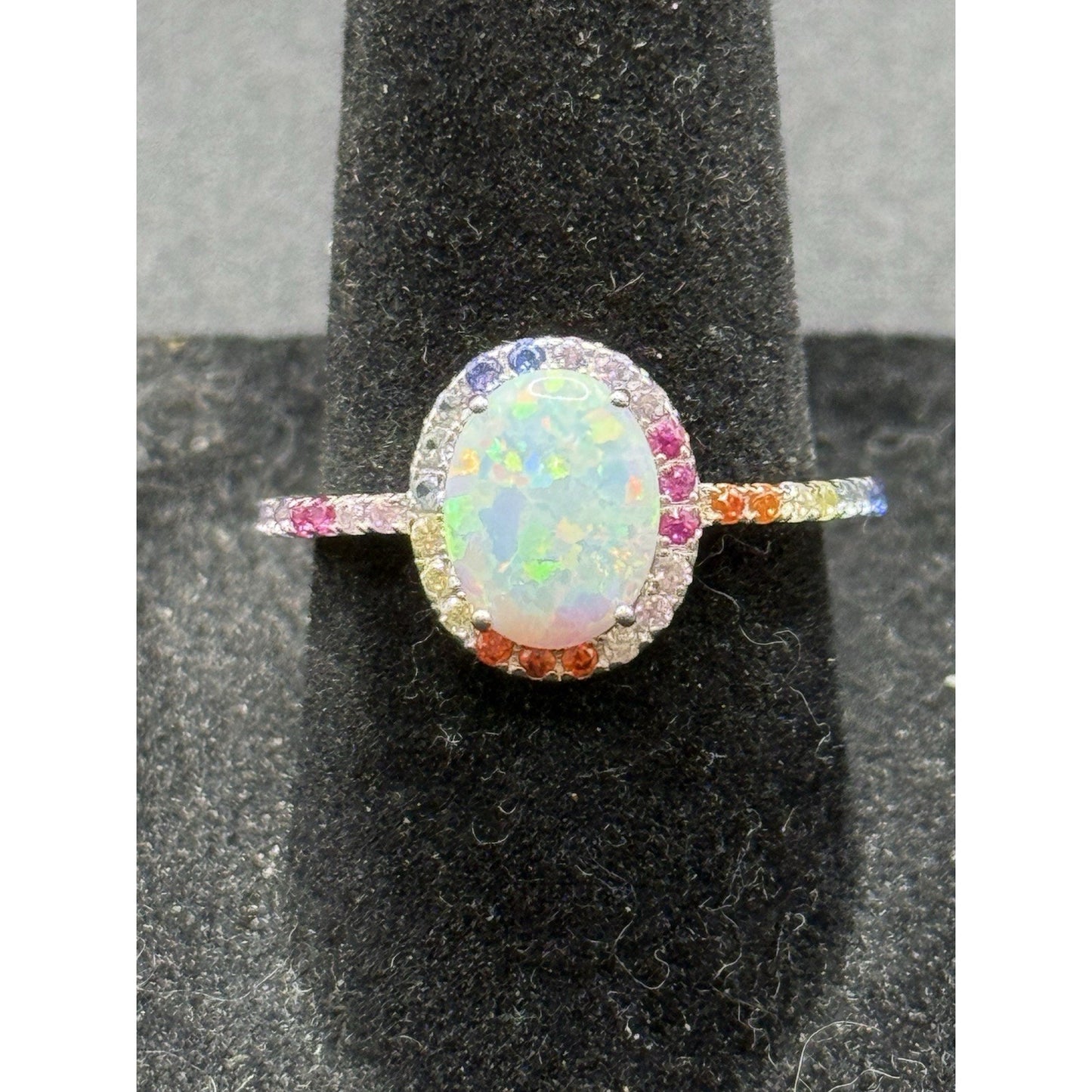 New Condition Lab Opal Rainbow Cubic Zirconia Ring Size 7.00