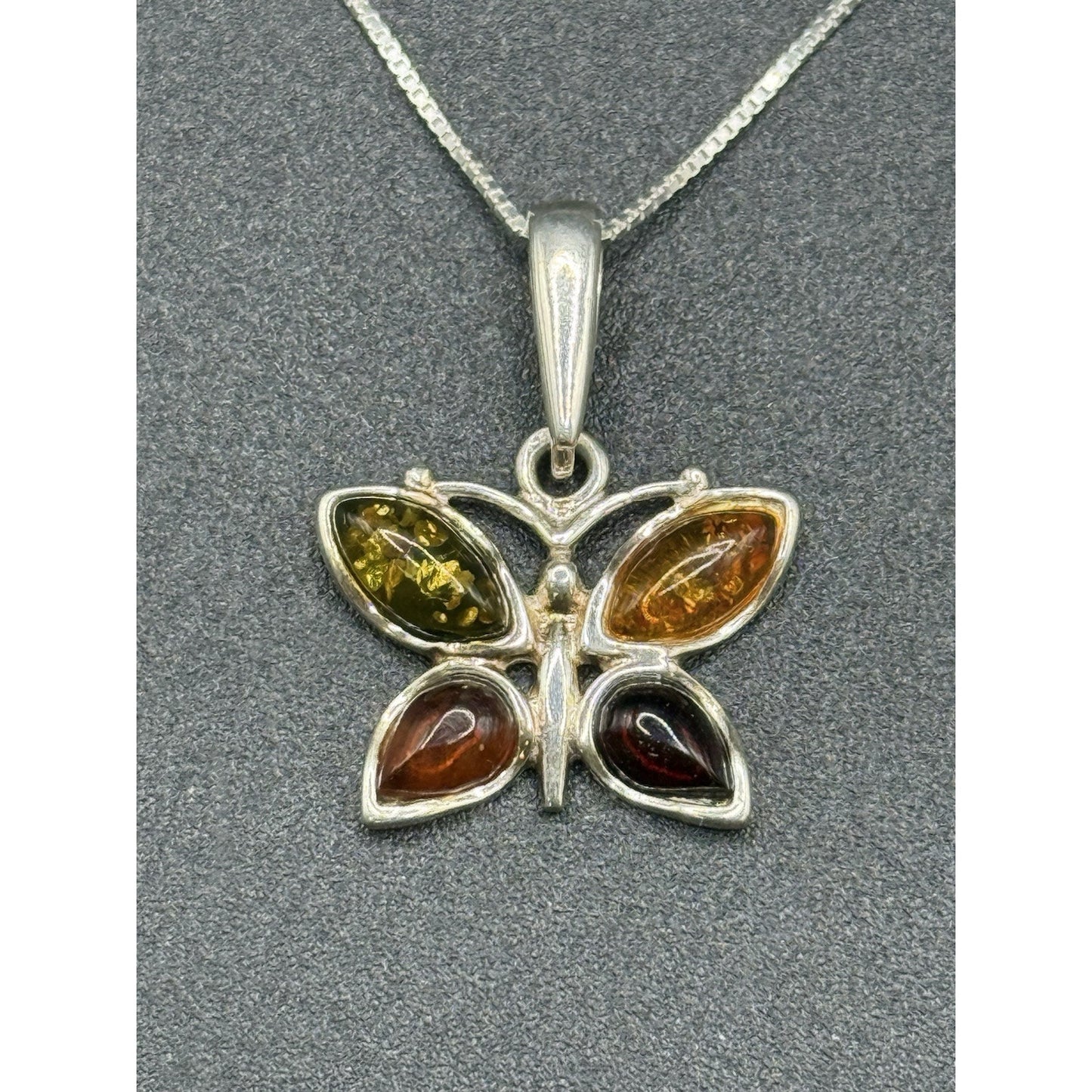 18” Sterling Silver Genuine Multi Color Amber Butterfly Pendant Necklace P3