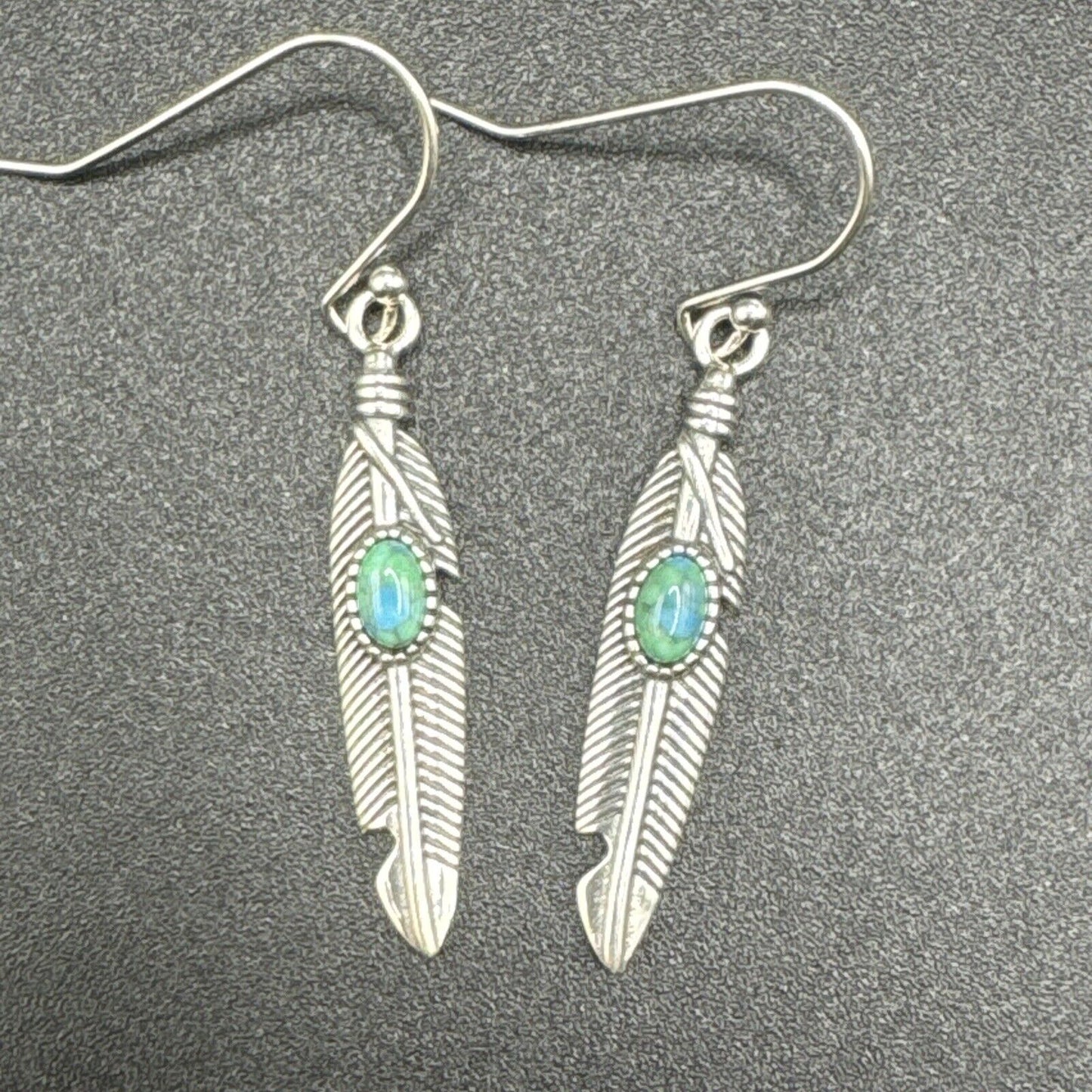 New Condition Sterling Silver Turquoise Feather Dangle Earrings 925