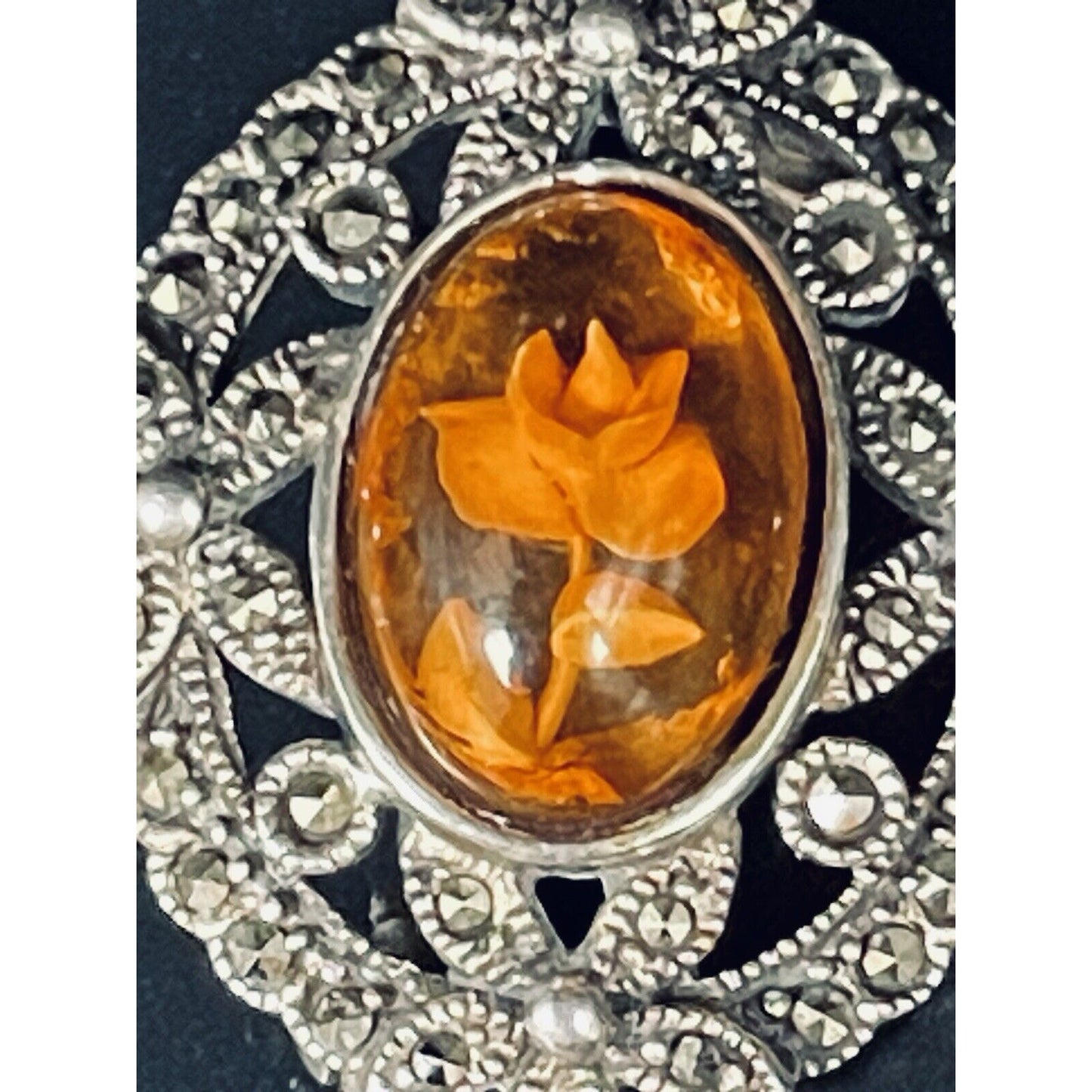 Vintage Sterling Silver Marcasite Flower In Glass Brooch 925 L19