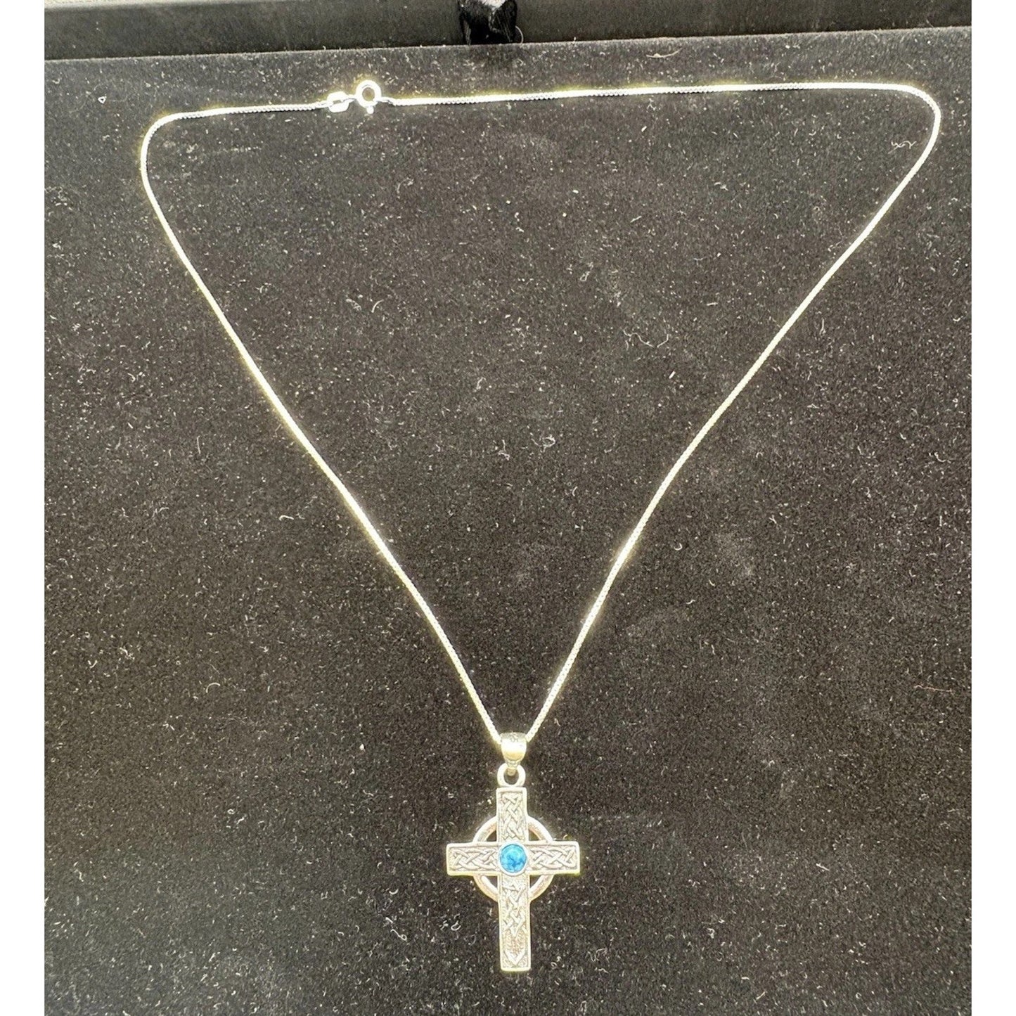 New Condition 18" Sterling Silver Lab Blue Opal Celtic Cross Necklace