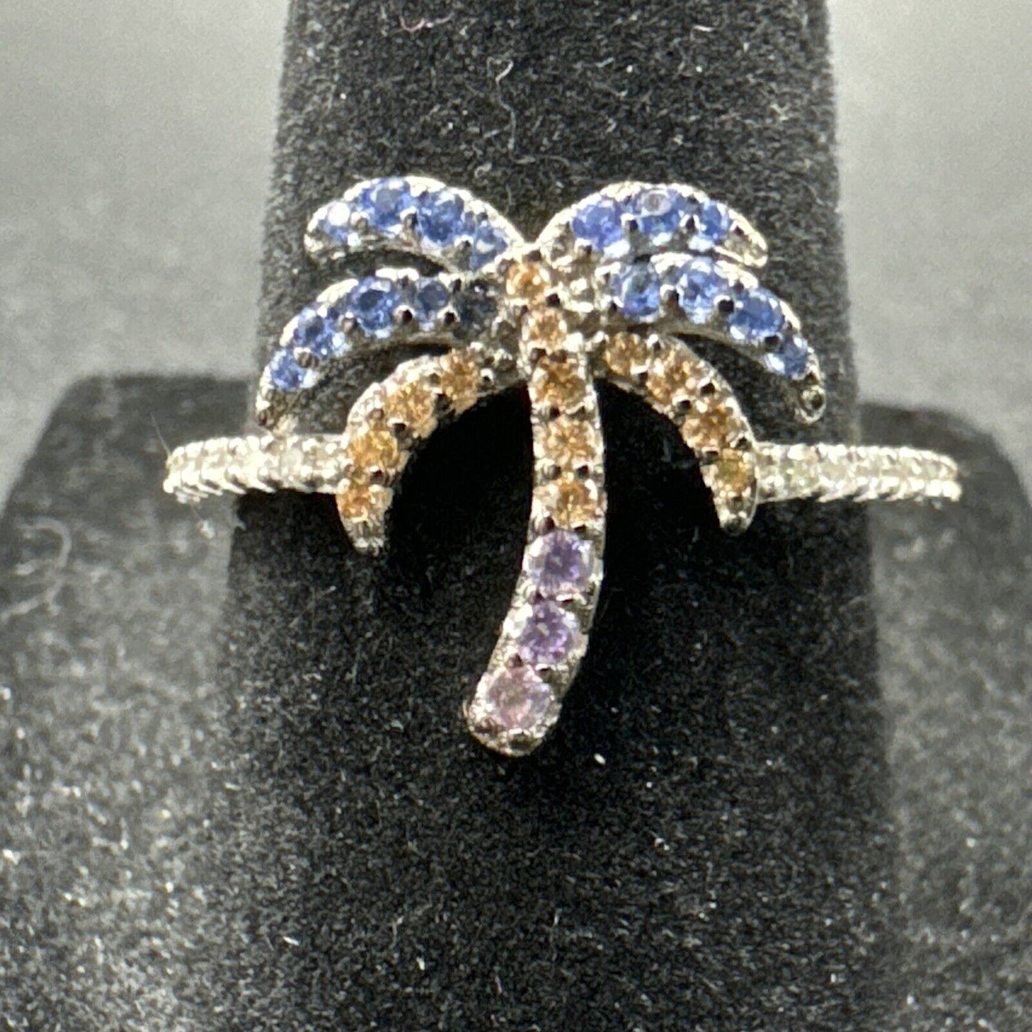 New Condition Sterling Silver Blue Pink Purple CZ Palm Tree Ring Size 7