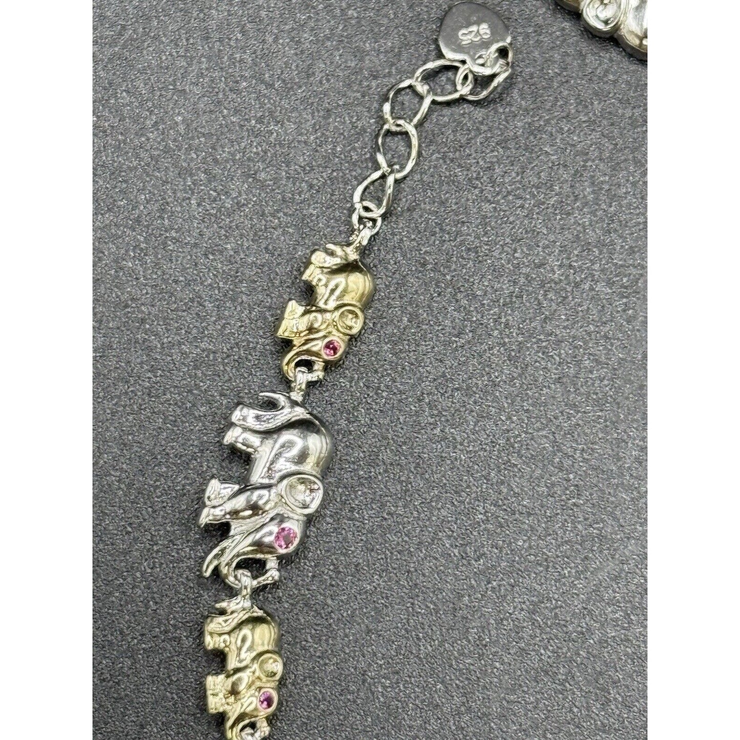7” New Condition Two Tone Sterling Silver Elephant Bracelet Lab Ruby