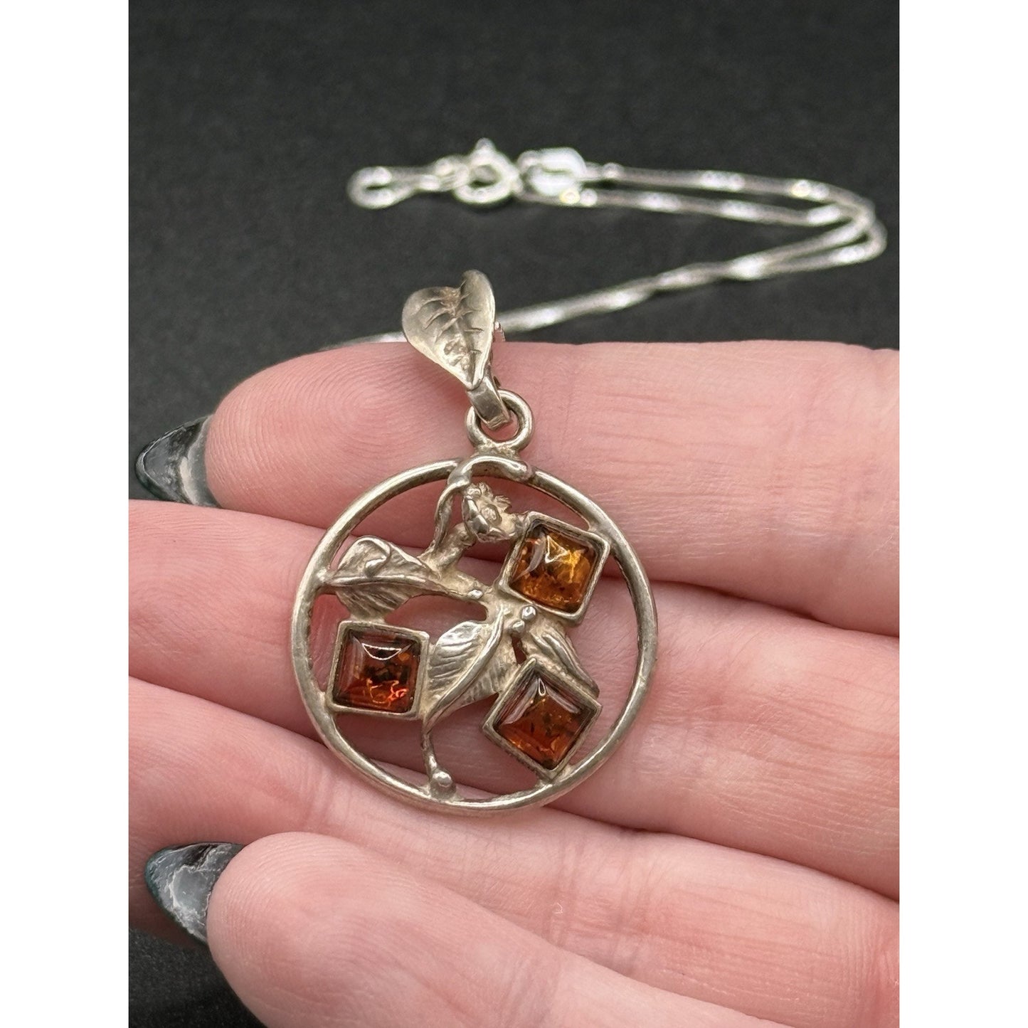 18” Sterling Silver Vintage Amber Leaf Pendant Necklace New Chain P12