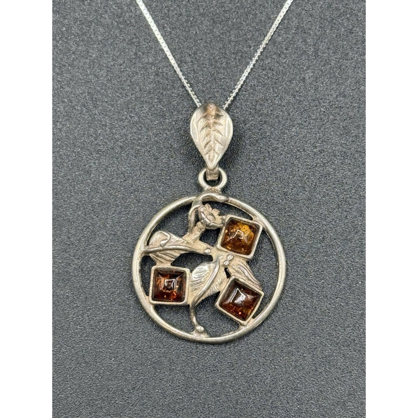 18” Sterling Silver Vintage Amber Leaf Pendant Necklace New Chain P12