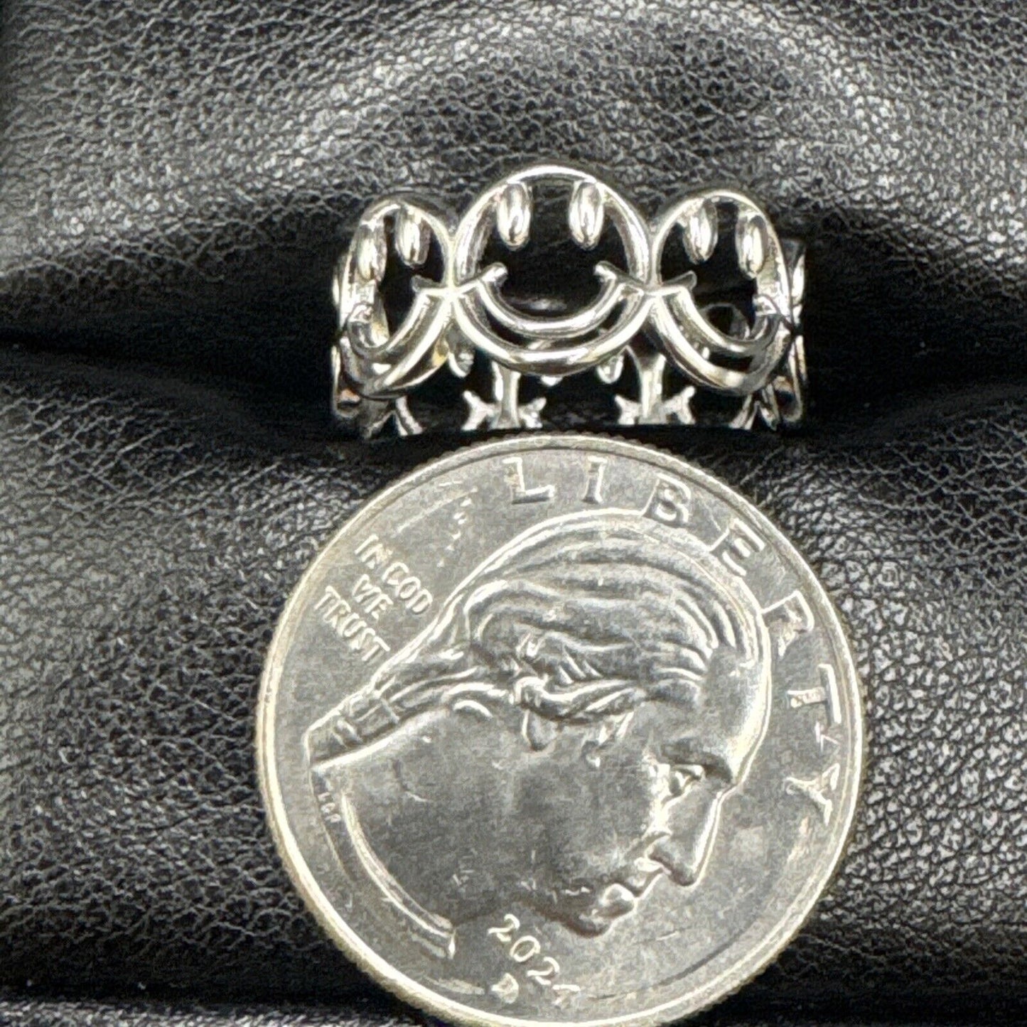 New Condition Sterling Silver Smiley Face Openwork Emoji Ring 925 Size 7