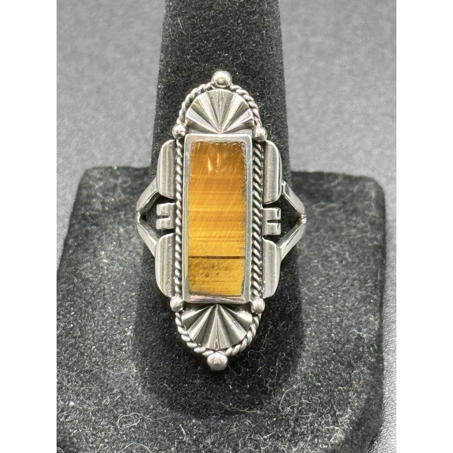 New Condition Sterling Silver Art Deco Tigers Eye Ring Size 6.75