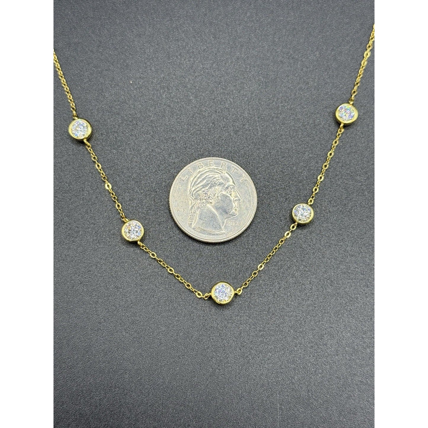 New Condition 18” Gold Sterling Silver Moissanite Station Necklace GRA