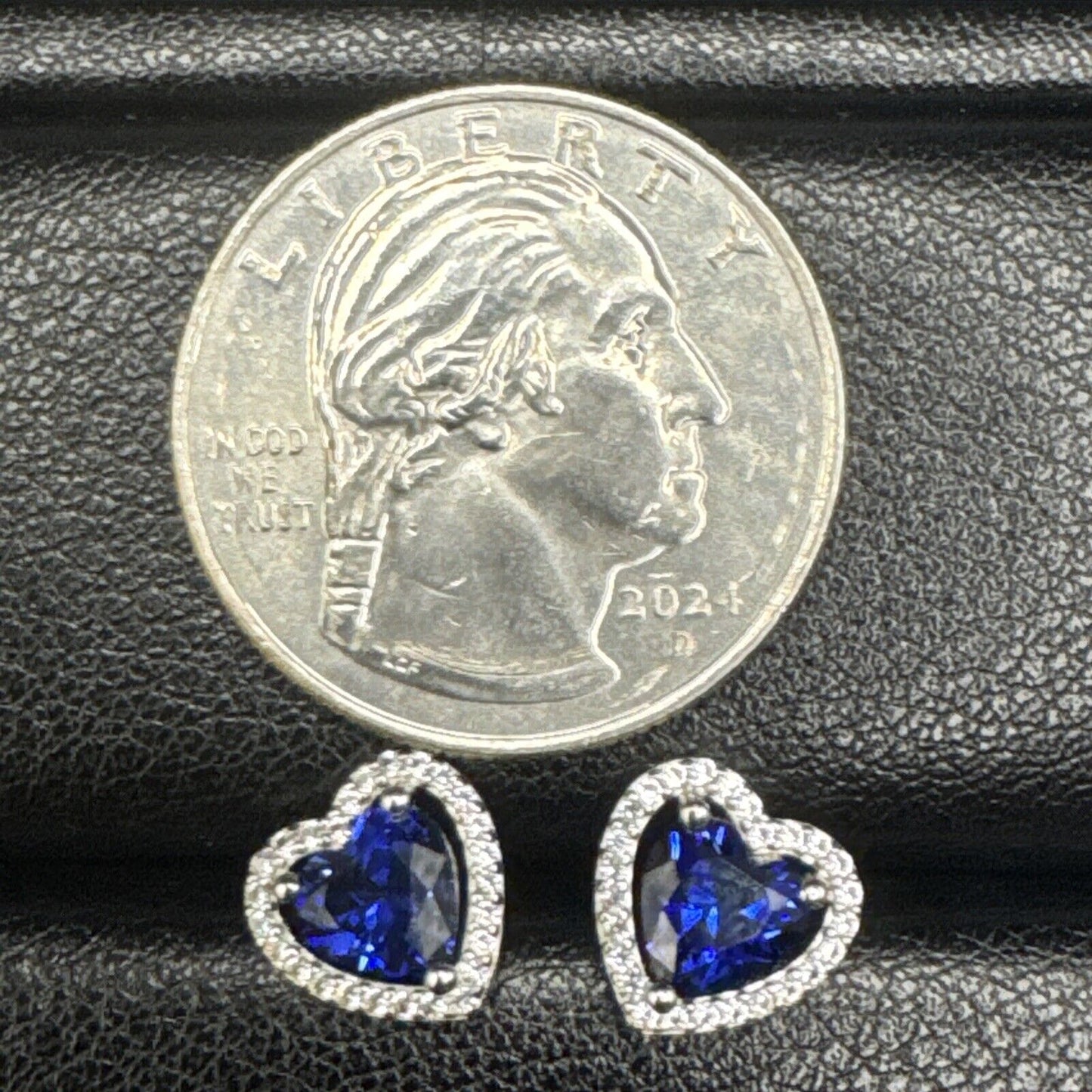 New Condition Sterling Silver Lab Sapphire Heart Stud Earrings 925