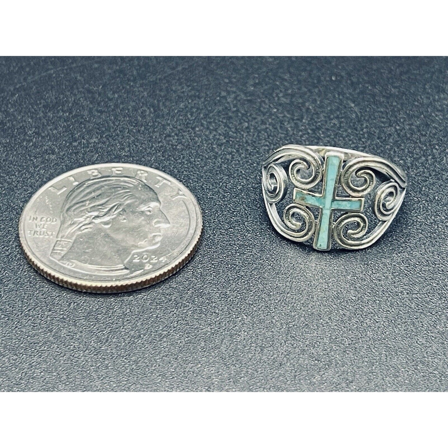 New Condition Sterling Silver Turquoise Cross 14MM Ring Size 6.75
