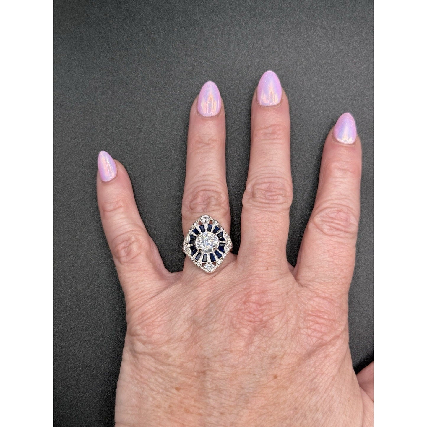 New Condition Sterling Silver Moissanite Art Deco Ring Size 7.00 GRA Q23